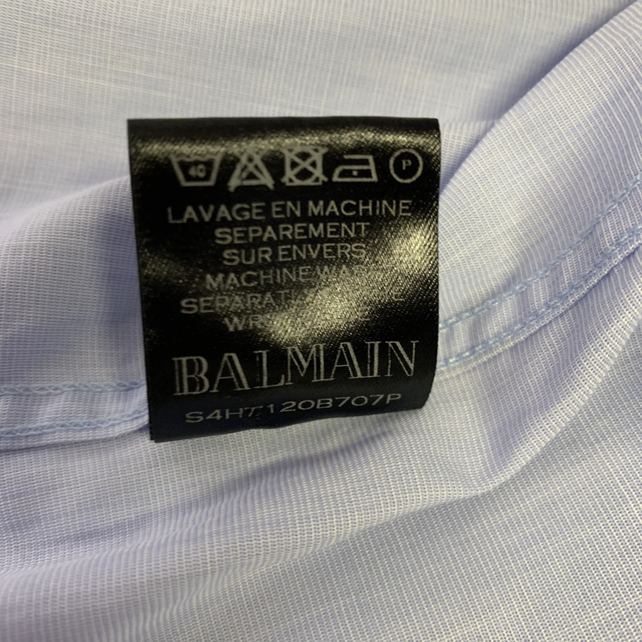 BALMAIN Size L Blue Light Blue Embroidery Cotton Long Sleeve Shirt - Image 7