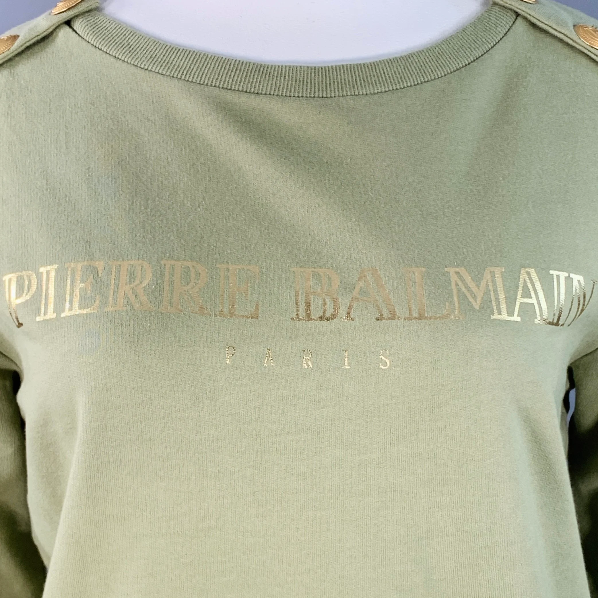 BALMAIN Size L Green Sage Cotton Blend Jersey Logo Crew Neck Pullover - Image 2