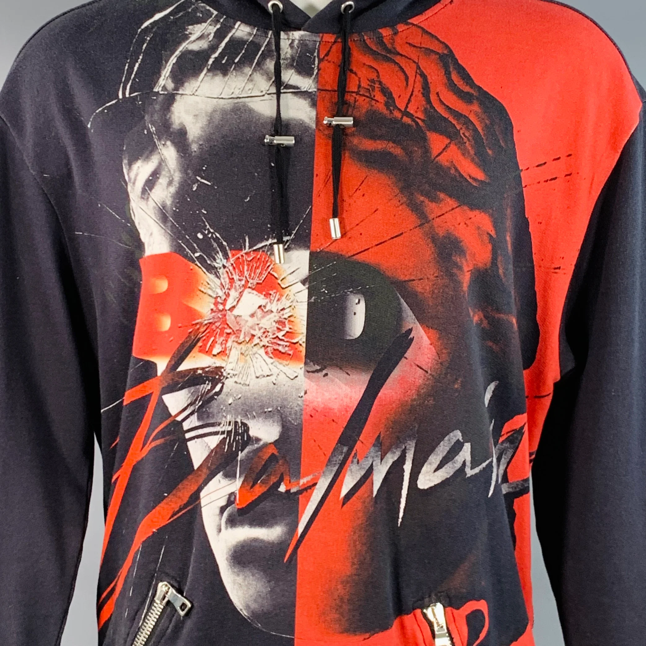 BALMAIN Size M Black Red White Graphic Cotton Hoodie Sweatshirt - Image 2