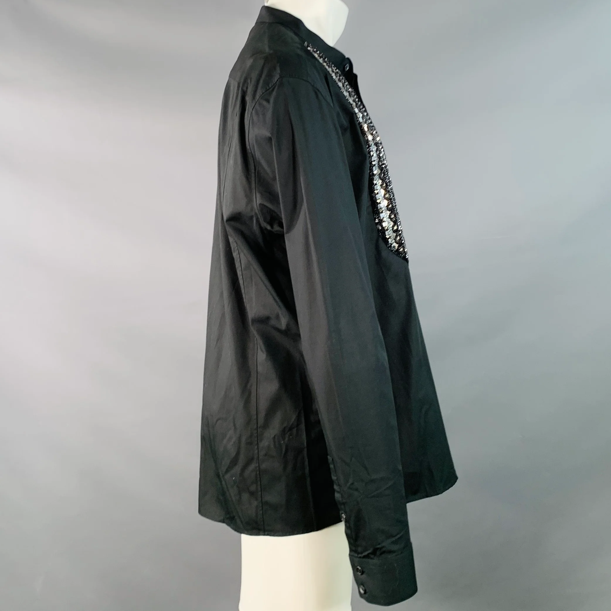 BALMAIN Size XS Black Silver Beaded Bib Nehru Collar Long Sleeve Shirt - Image 3