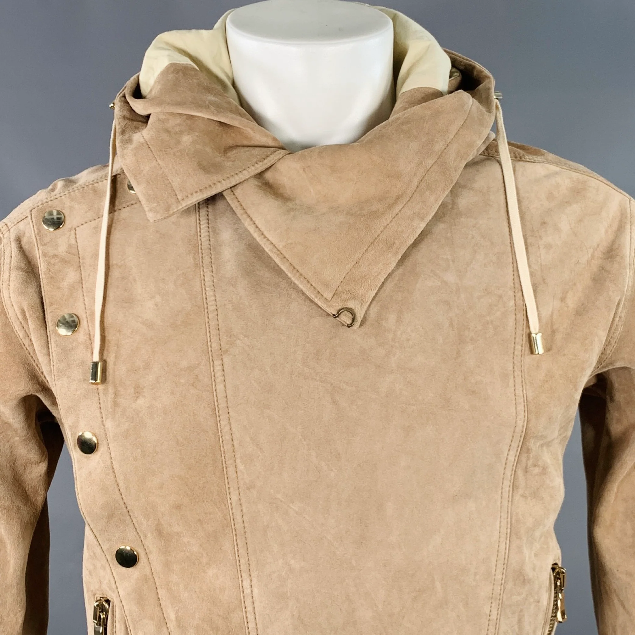 BALMAIN SS16 Size S Beige Calfskin Suede Hooded Asymmetrical Snaps Jacket - Image 3