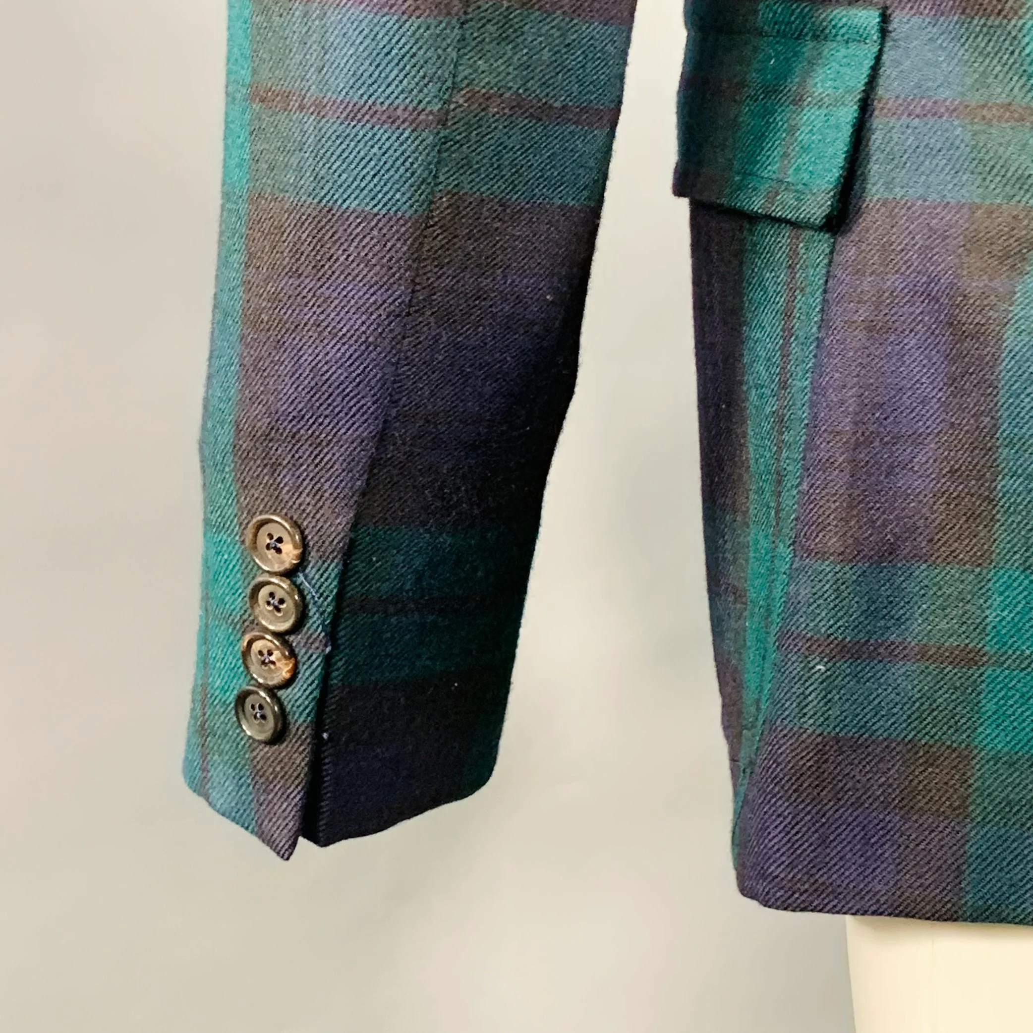 BAND OF OUTSIDERS Size 40 Regular Green Blue Plaid Wool Twill Notch Lapel Sport Coat - Image 5