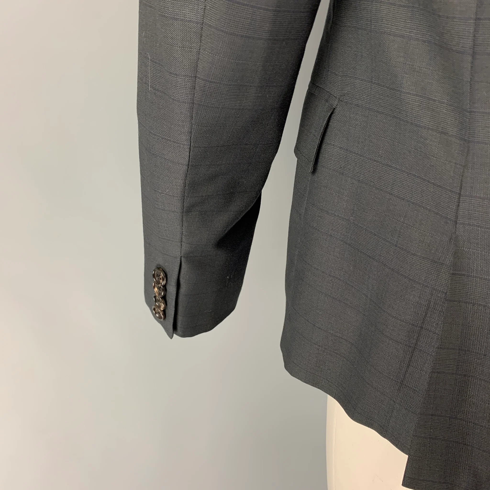 BAND OF OUTSIDERS Size 44 Charcoal Navy Plaid Wool Notch Lapel Sport Coat - Image 4