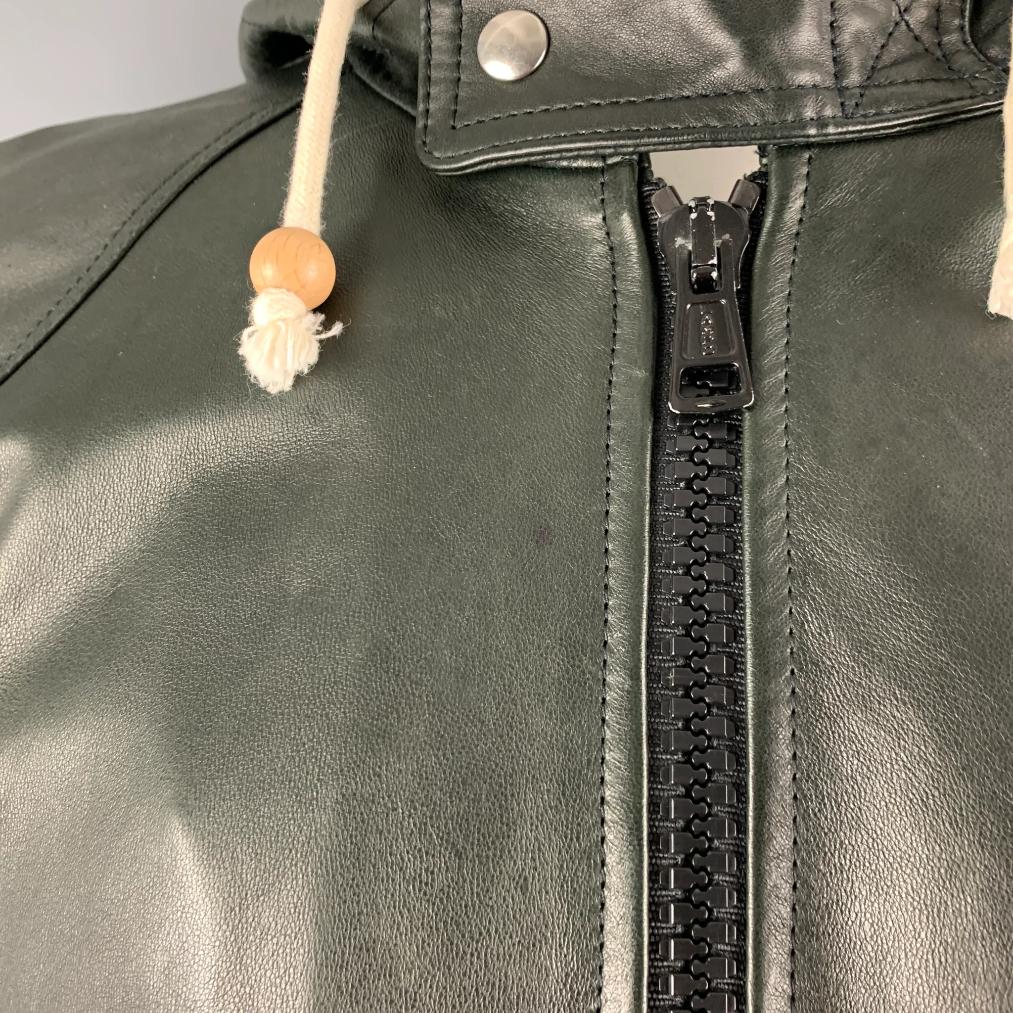 BAND OF OUTSIDERS Size L Black Leather Hooded Jacket - Image 6