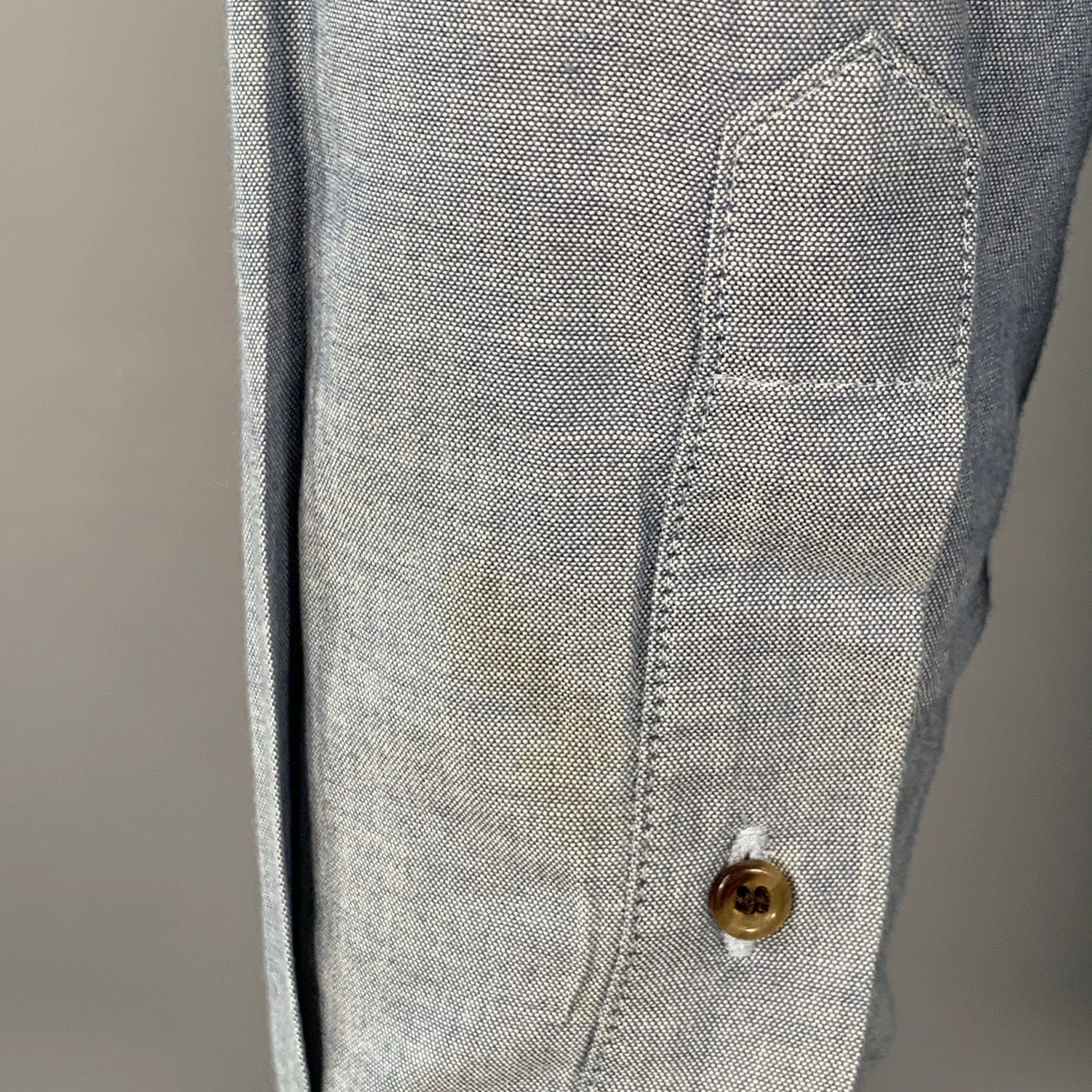 BAND OF OUTSIDERS Size L Blue Grey Cotton One Pocket Long Sleeve Shirt - Image 4