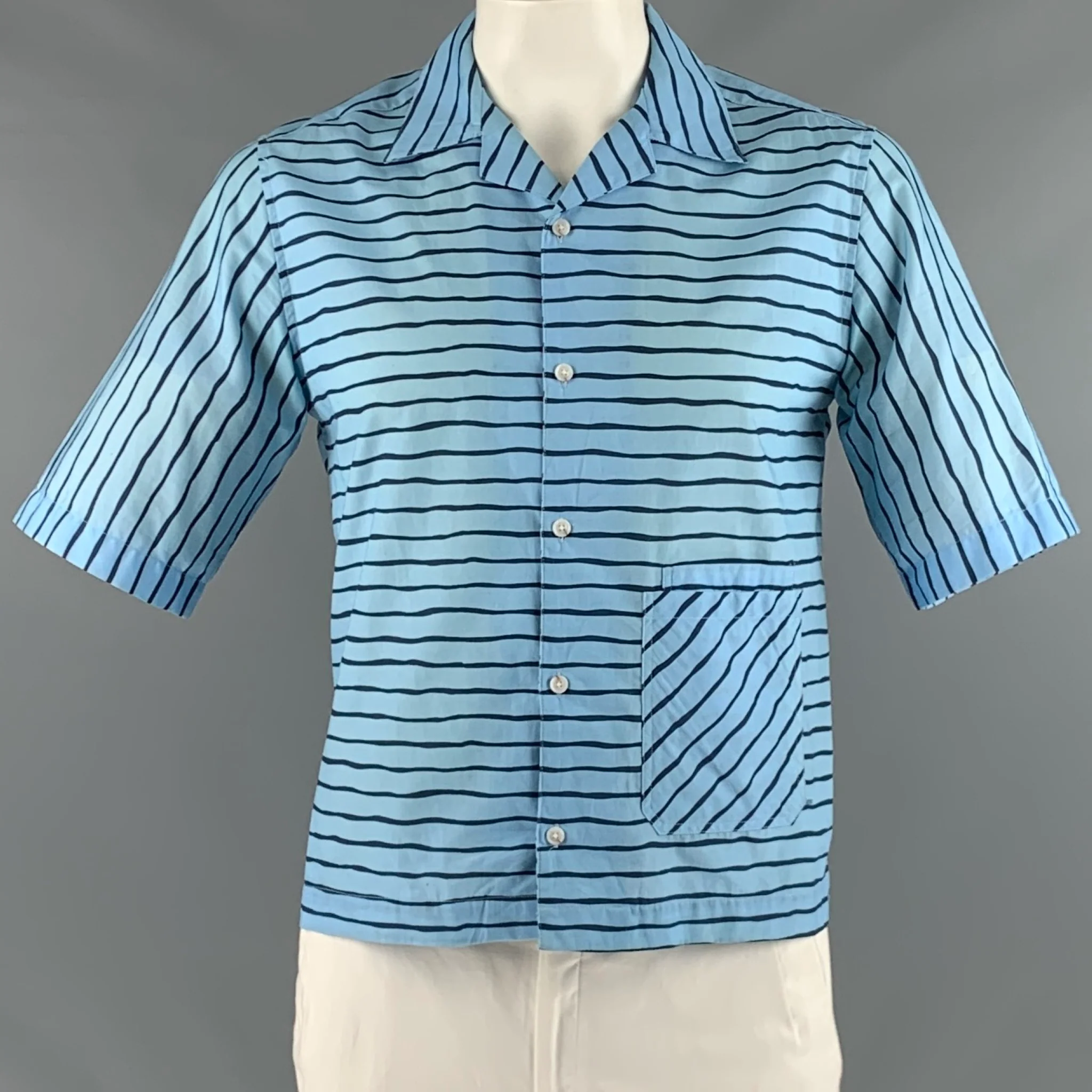 BAND OF OUTSIDERS Size L Blue Navy Stripe Cotton Short Sleeve Shirt