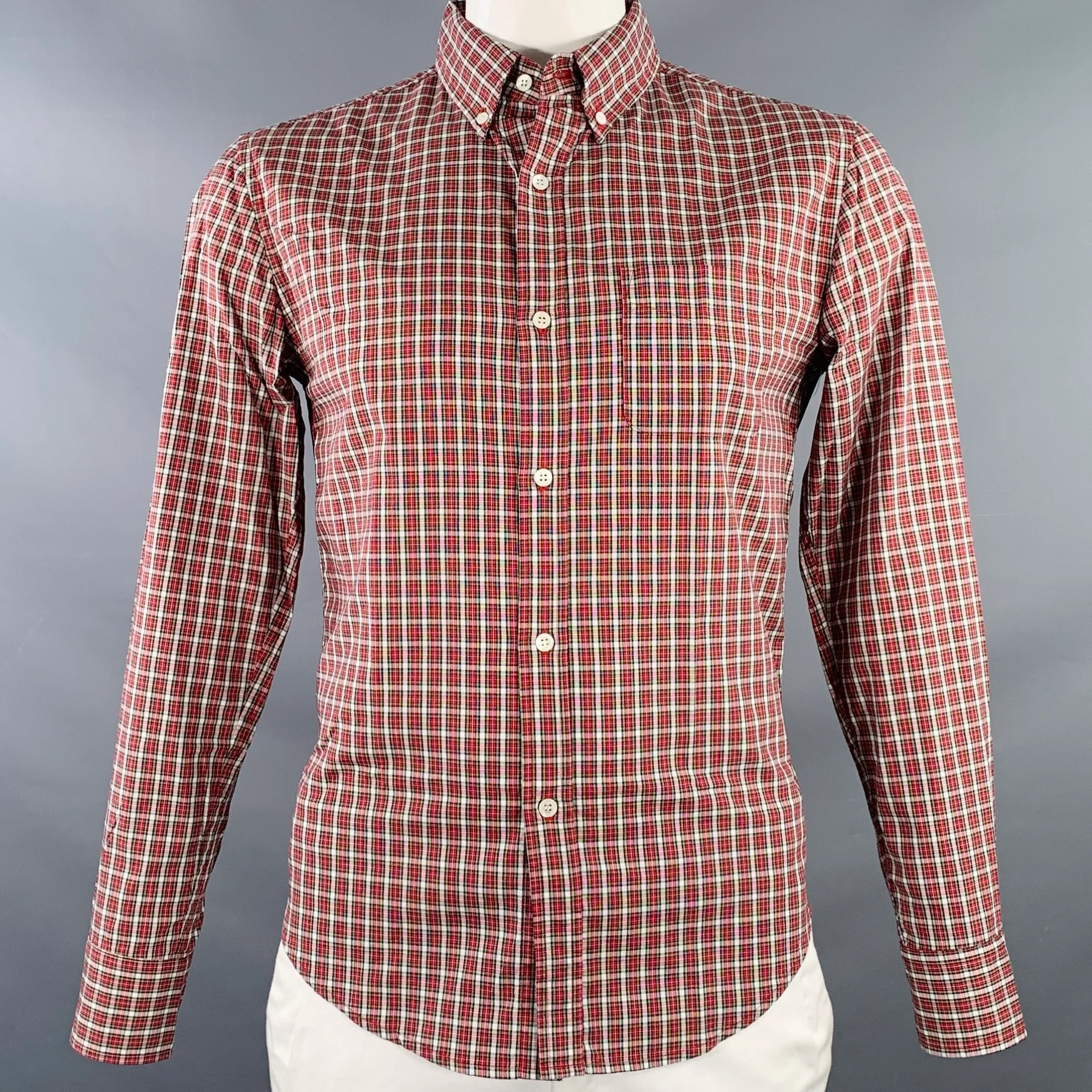 BAND OF OUTSIDERS Size L Red White Plaid Cotton Button Down Collar One Pocket Long Sleeve Shirt