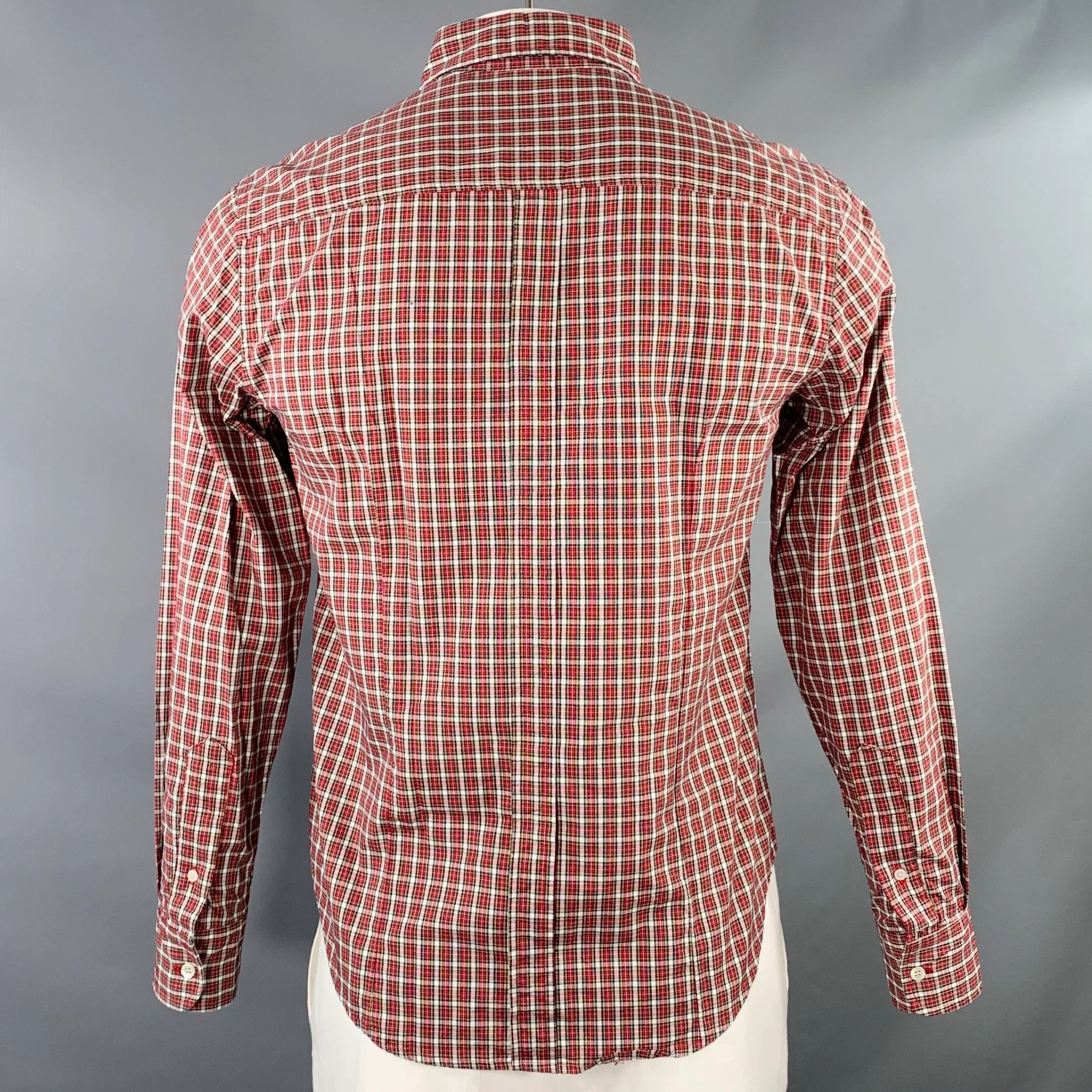BAND OF OUTSIDERS Size L Red White Plaid Cotton Button Down Collar One Pocket Long Sleeve Shirt - Image 4