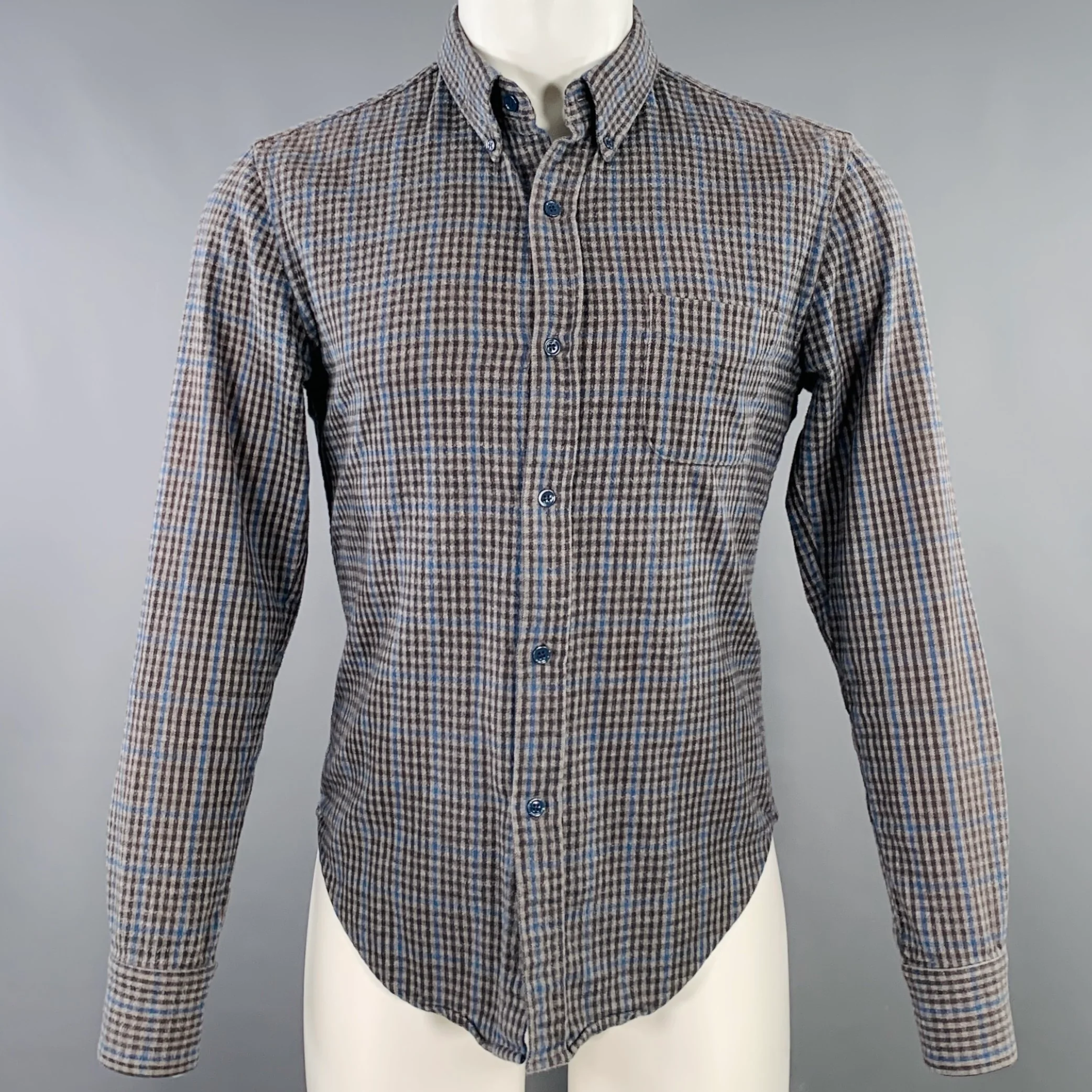 BAND OF OUTSIDERS Size M Grey Blue Plaid Cotton One Pocket Long Sleeve Shirt