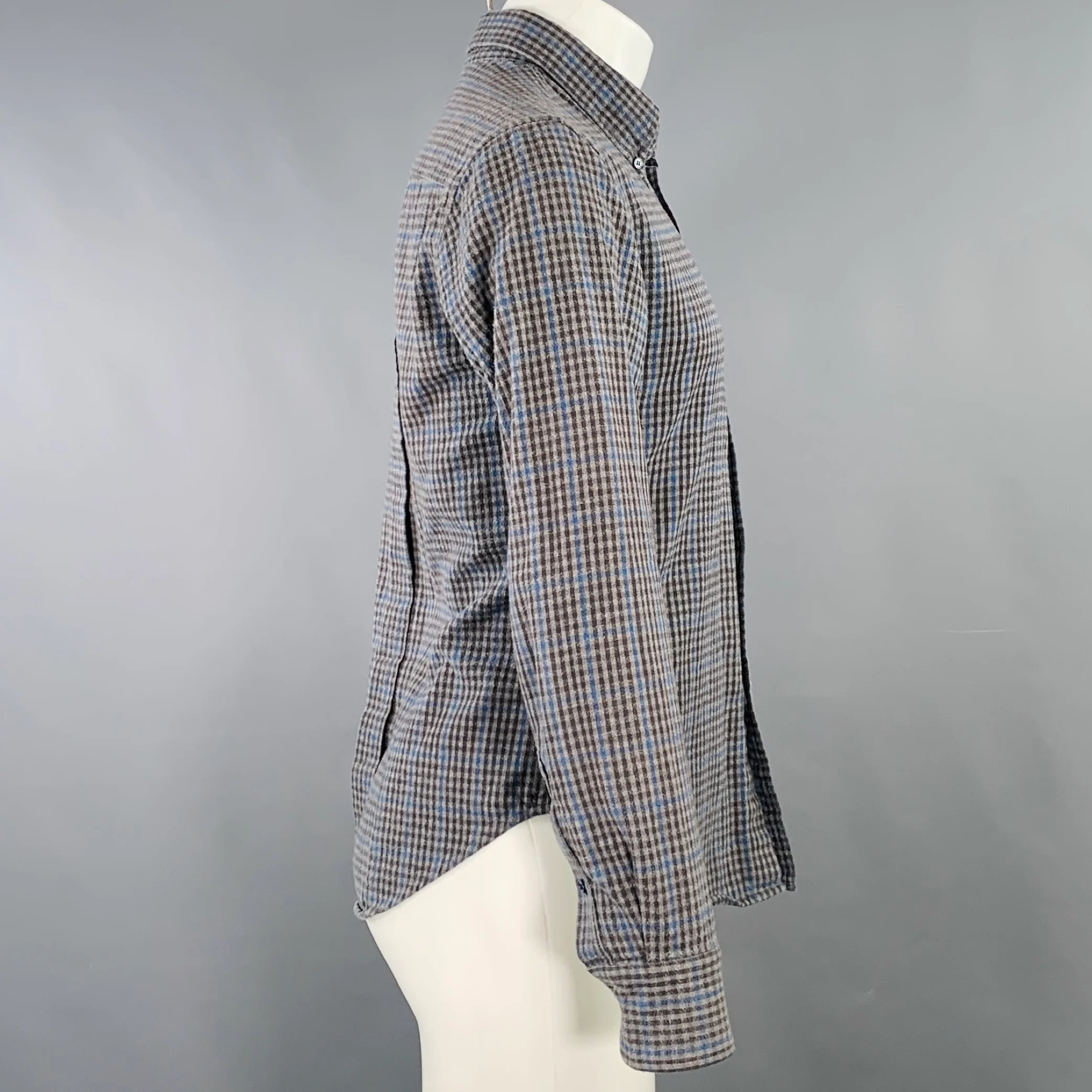 BAND OF OUTSIDERS Size M Grey Blue Plaid Cotton One Pocket Long Sleeve Shirt - Image 3