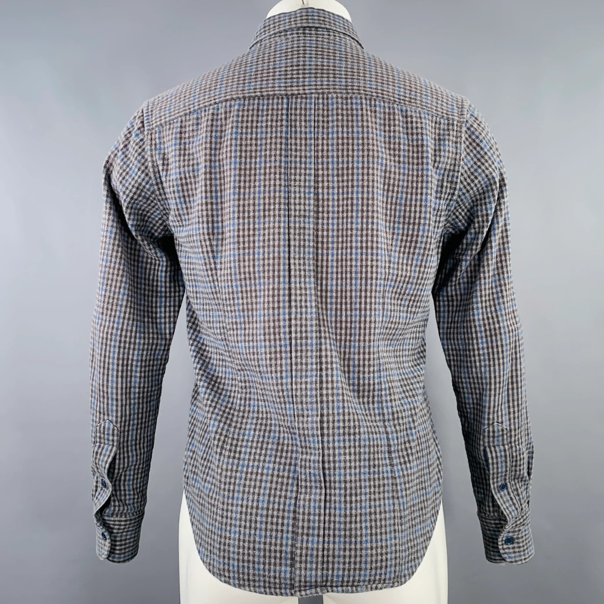 BAND OF OUTSIDERS Size M Grey Blue Plaid Cotton One Pocket Long Sleeve Shirt - Image 4