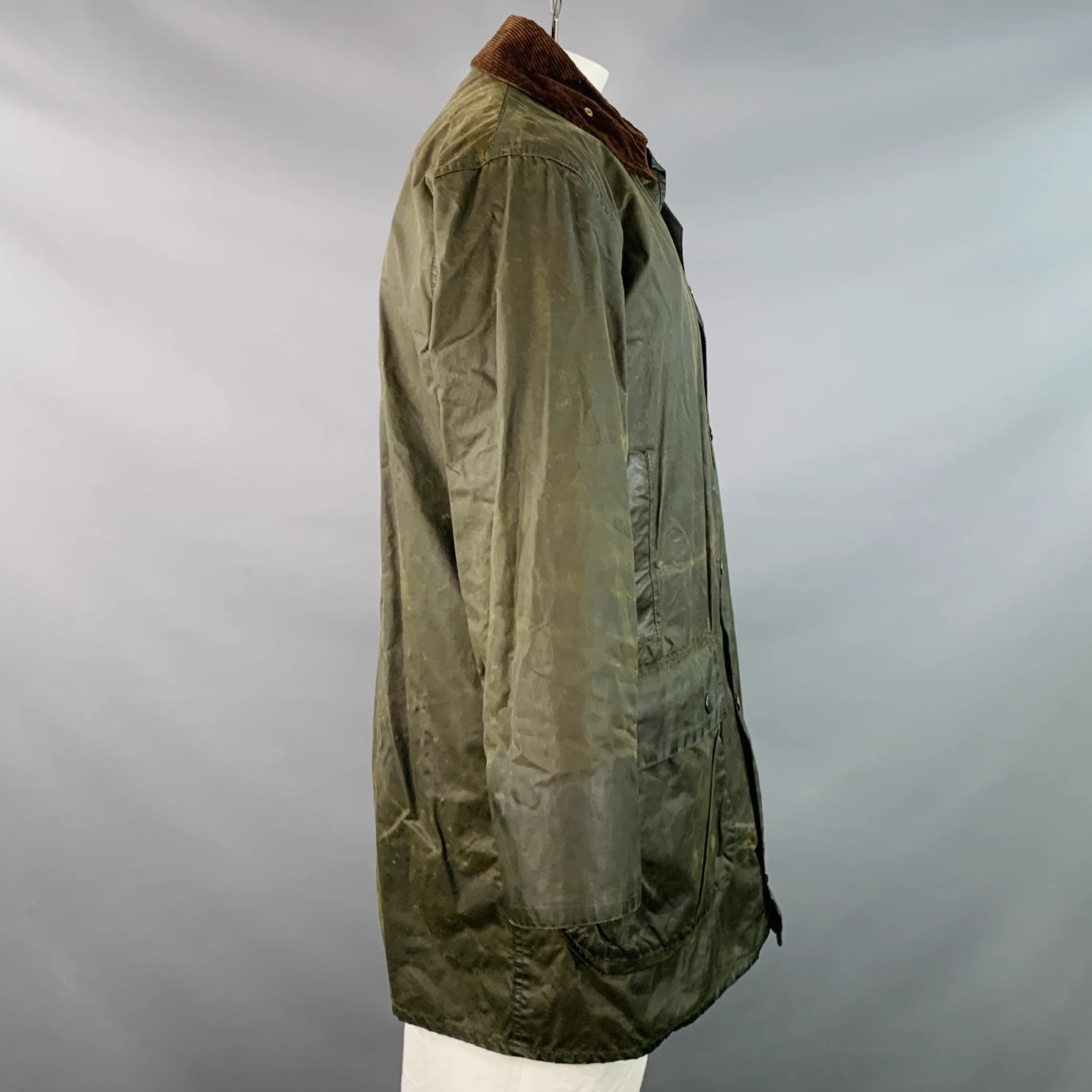 BARBOUR Size L Brown Olive Waxed Canvas Corduroy Collar Zip Snaps Jacket - Image 3
