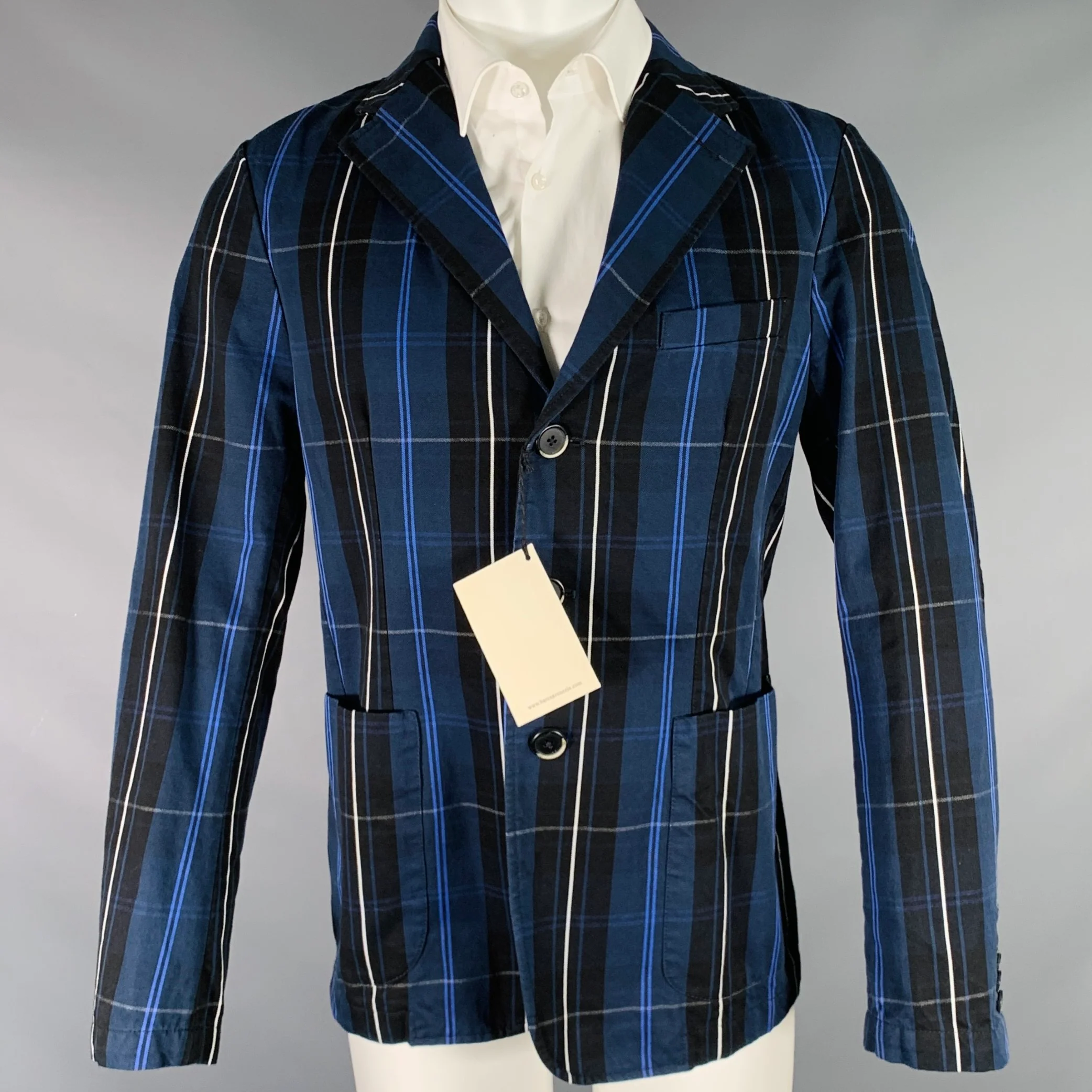 BARENA Size 40 Navy Black Plaid Cotton Notch Lapel Sport Coat