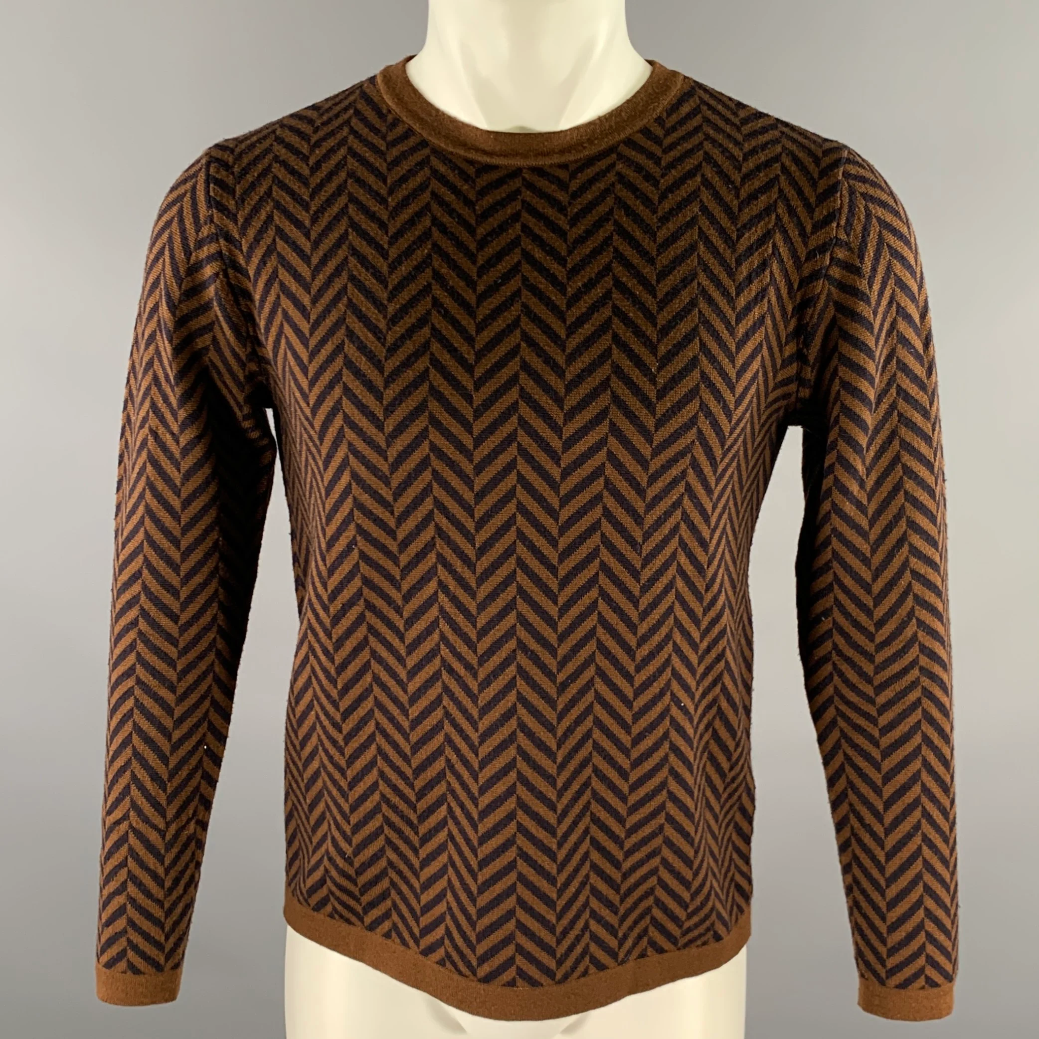 BARENA Size S Brown Black Herringbone Wool Blend Crew-Neck Pullover