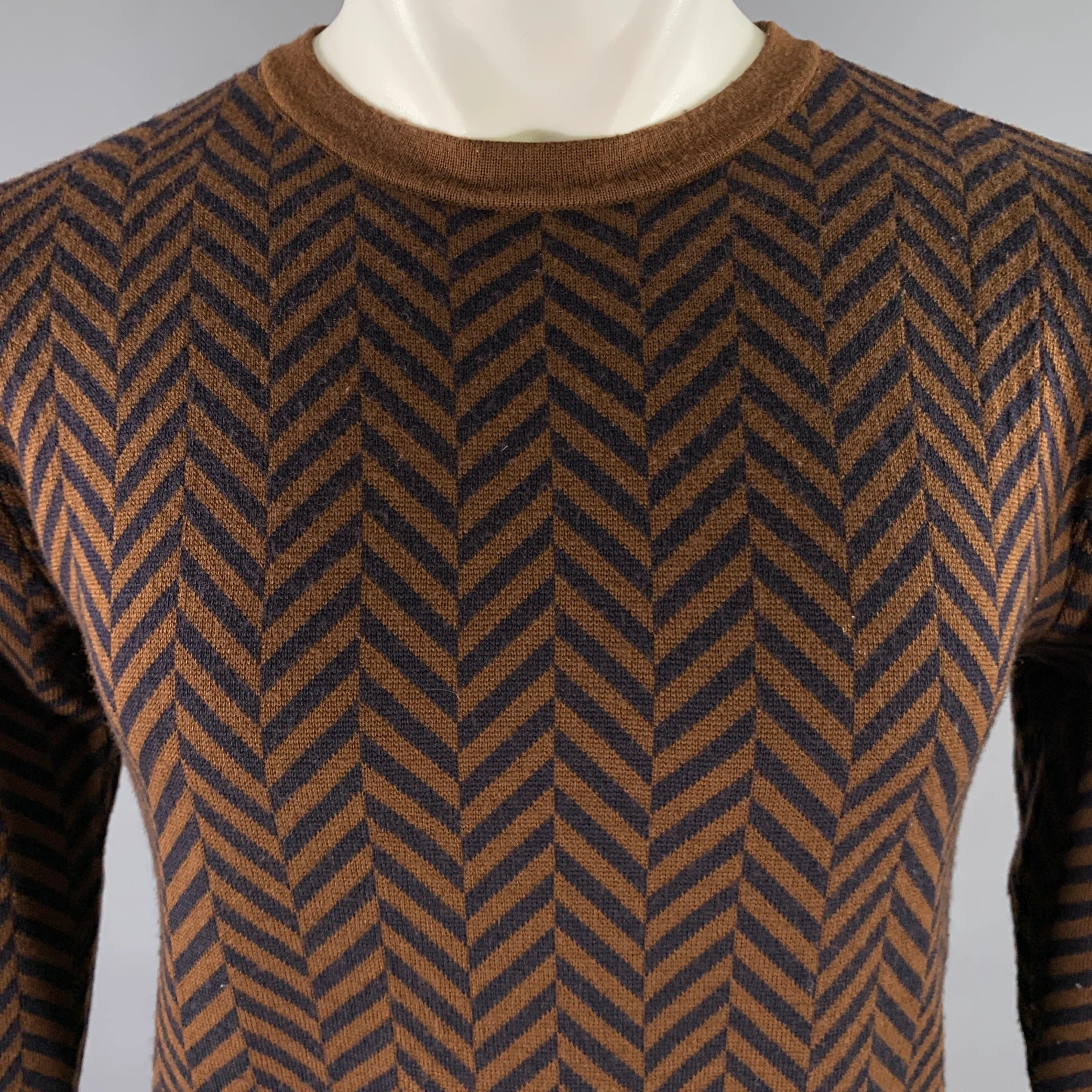 BARENA Size S Brown Black Herringbone Wool Blend Crew-Neck Pullover - Image 2