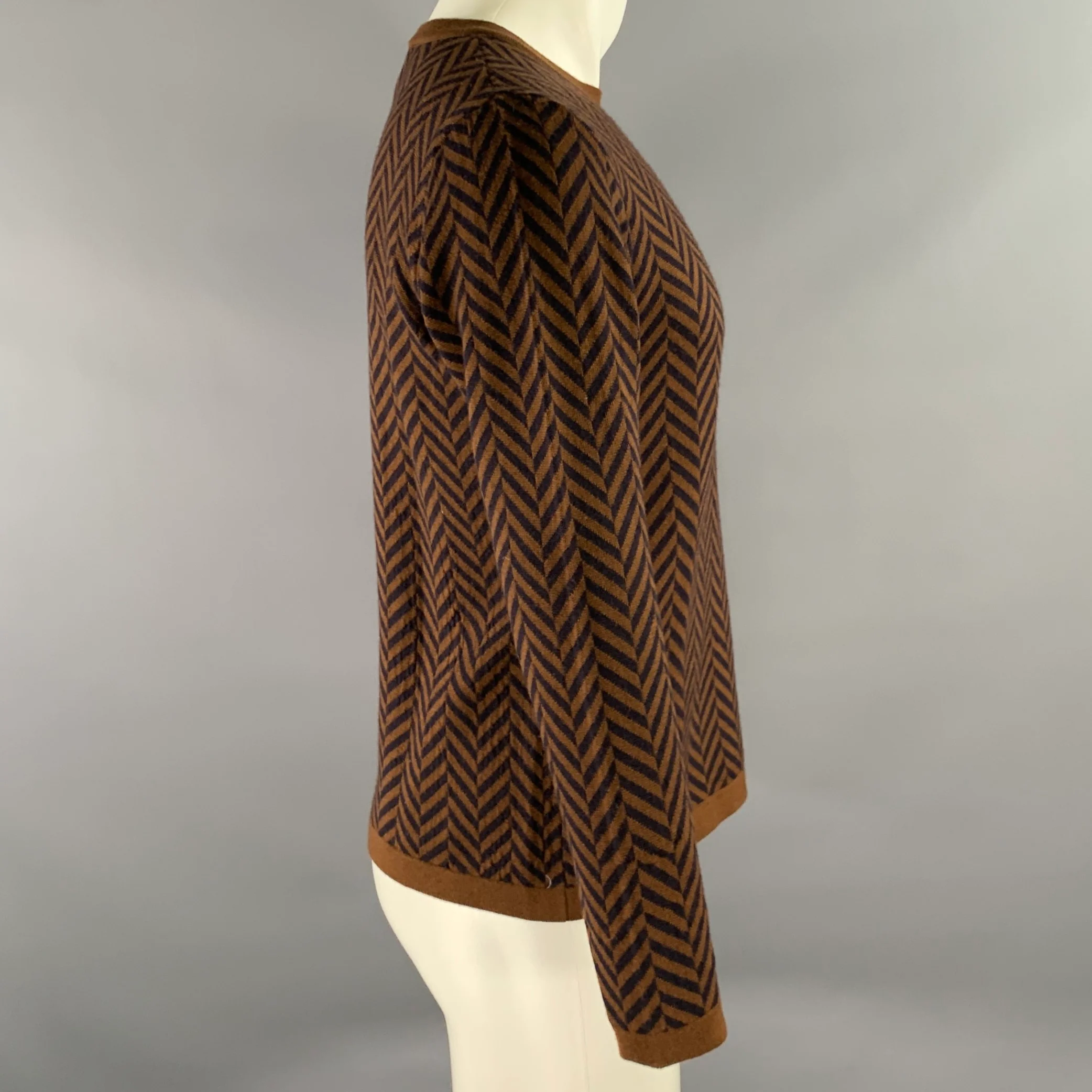 BARENA Size S Brown Black Herringbone Wool Blend Crew-Neck Pullover - Image 3