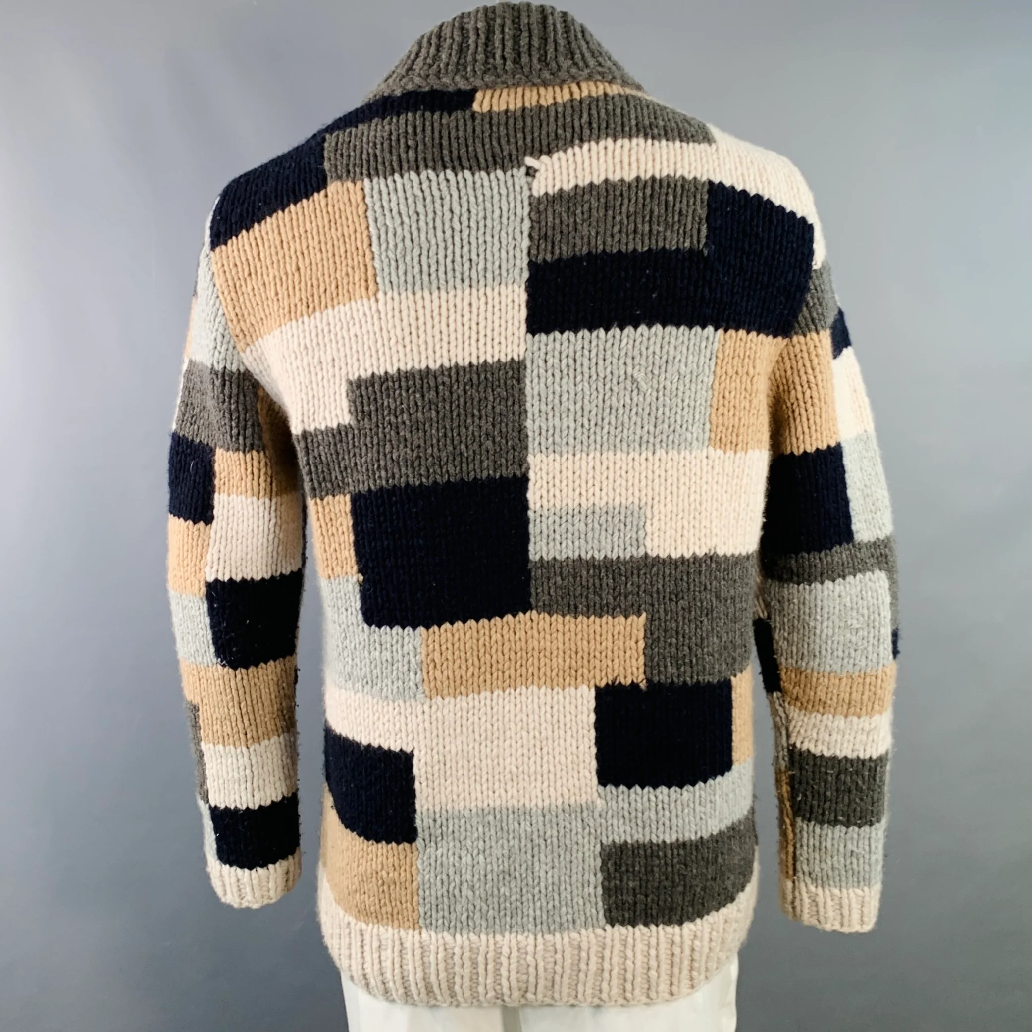 BARENA Size XL Grey Tan Brown Patchwork Virgin Wool Shawl Collar Cardigan - Image 4