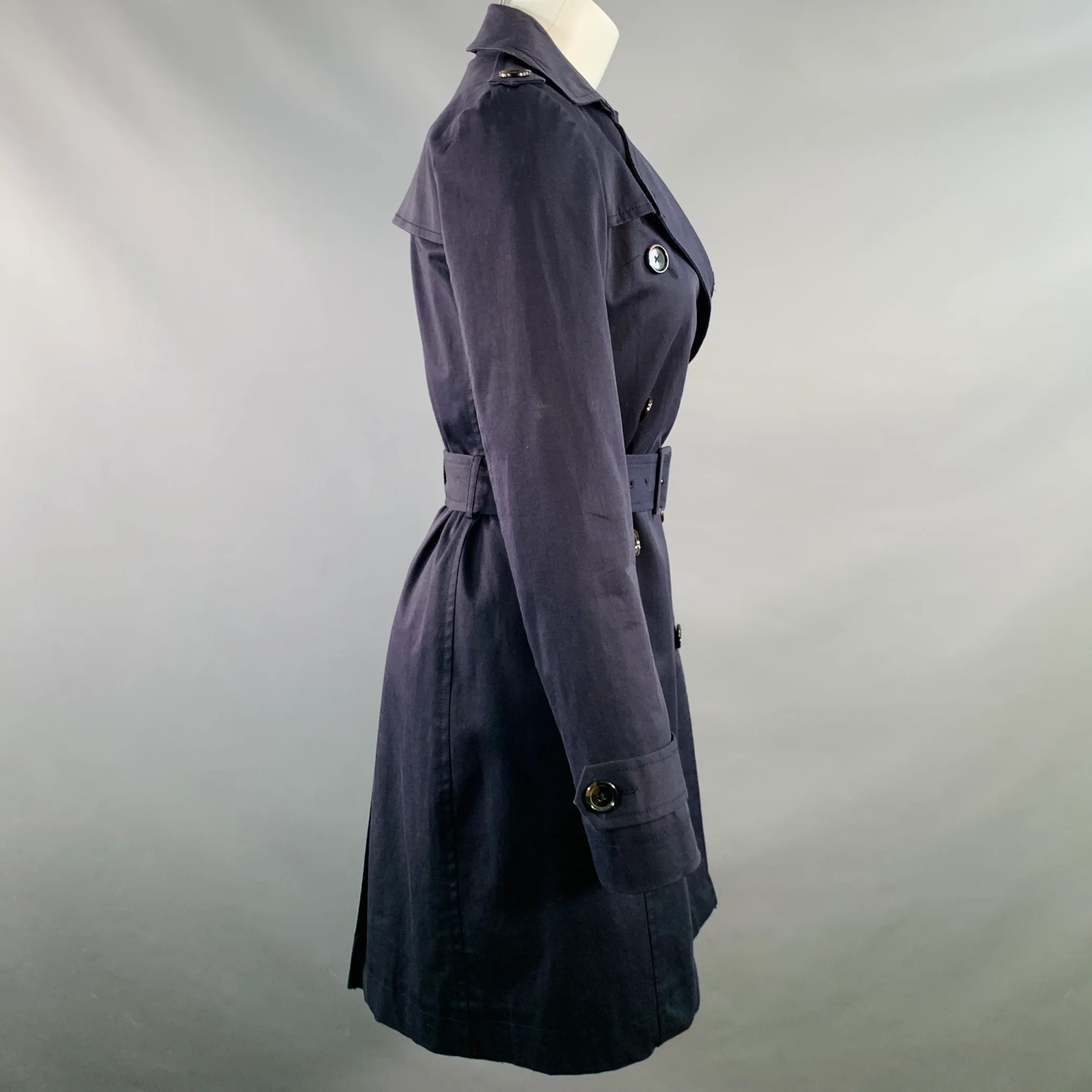 BARNEY'S CO-OP Size 2 Navy Cotton Blend Double Breasted Belted Coat - Image 3