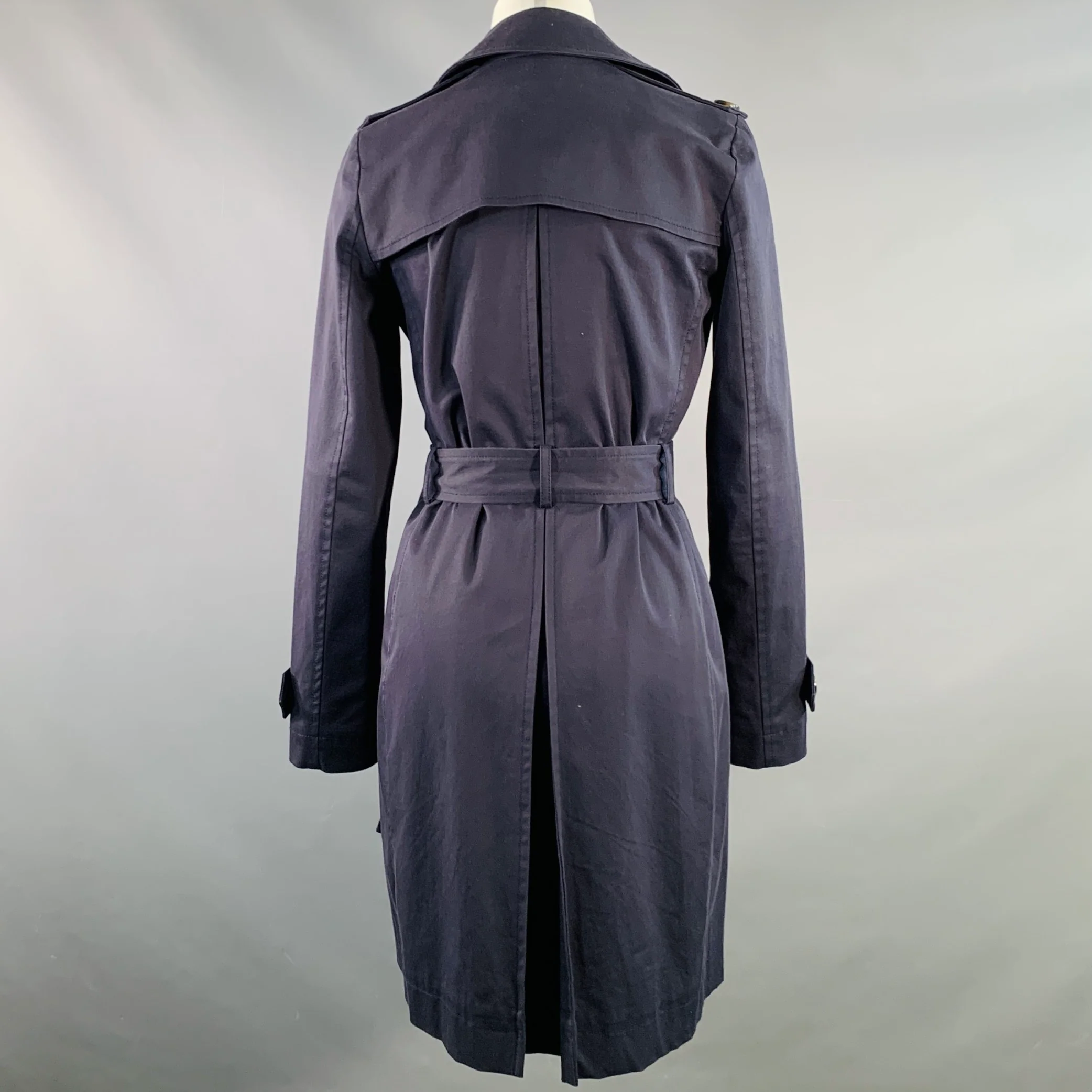 BARNEY'S CO-OP Size 2 Navy Cotton Blend Double Breasted Belted Coat - Image 4
