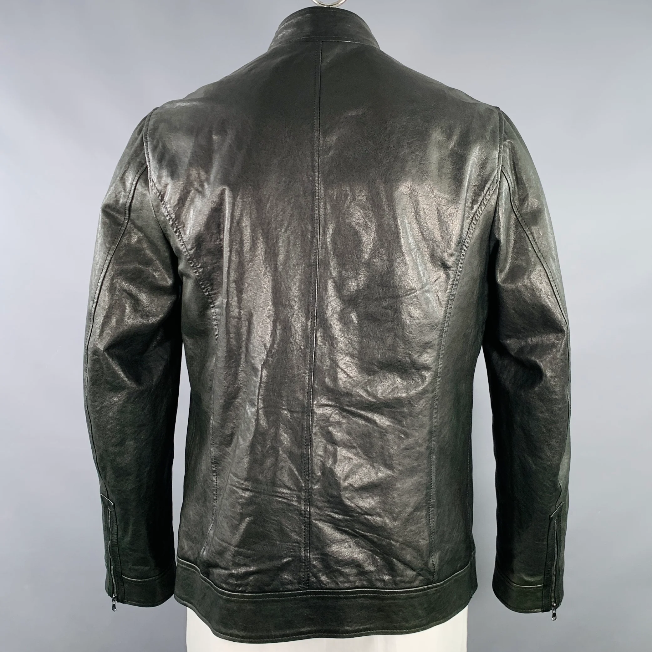BARNEY'S CO-OP Size 42 Black Leather Zip Up Jacket - Image 3