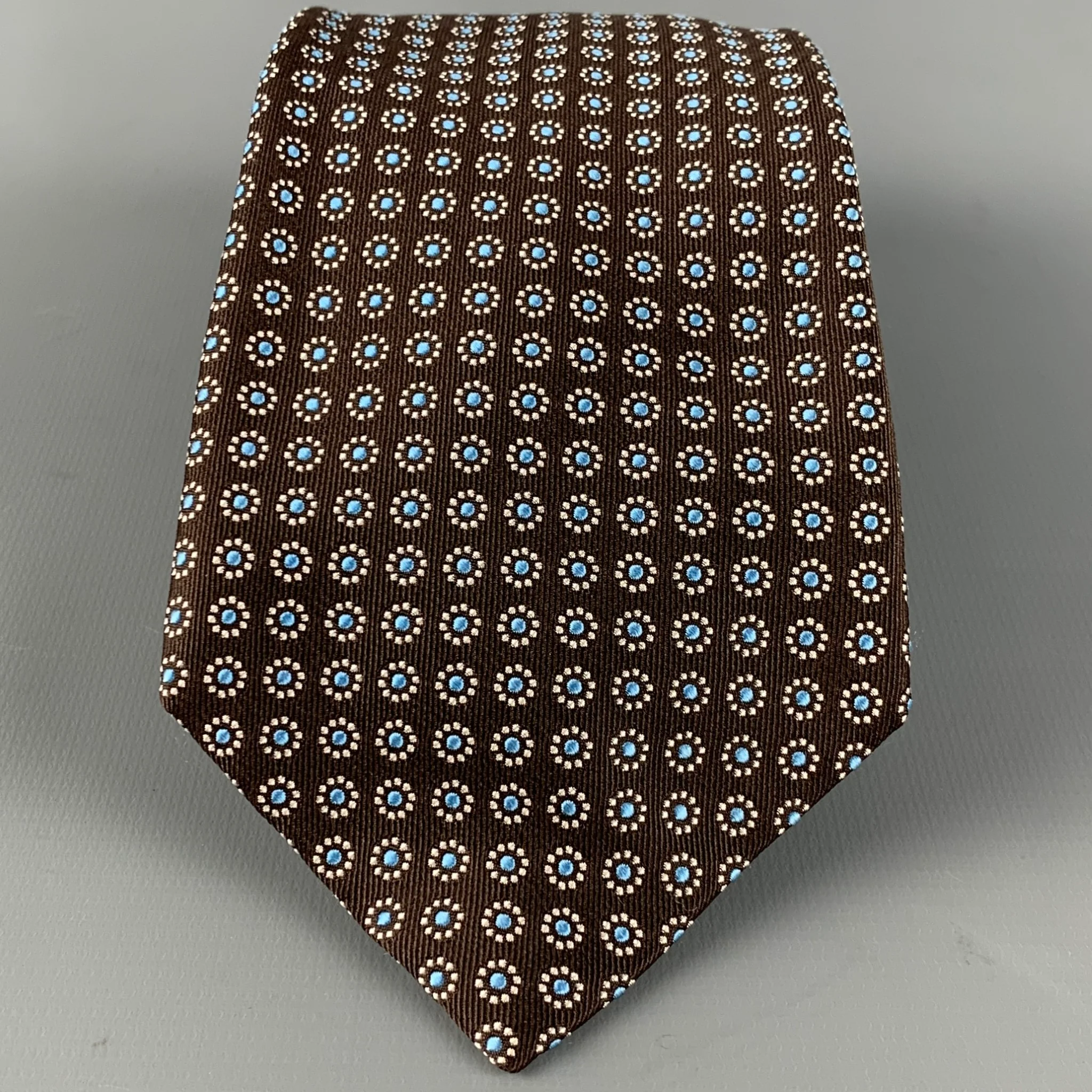 BARNEYS NEW YORK Brown White Light Blue Abstract Floral Silk Tie