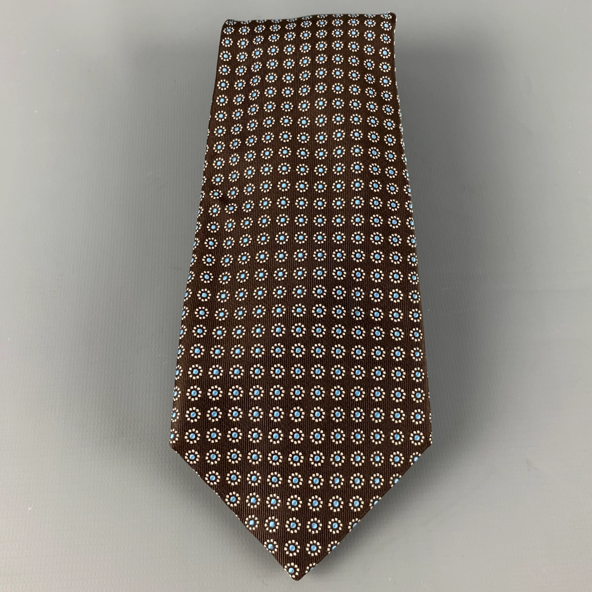 BARNEYS NEW YORK Brown White Light Blue Abstract Floral Silk Tie - Image 2