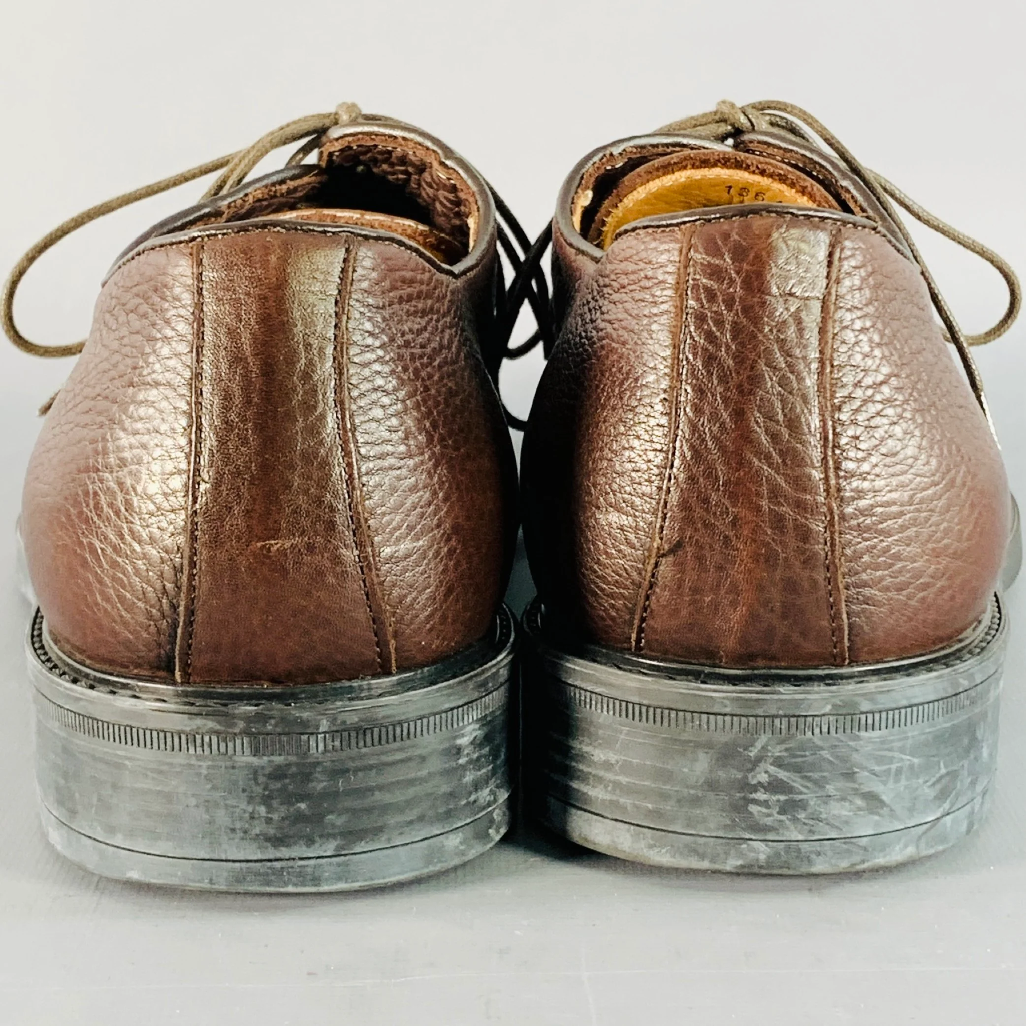 BARNEY'S NEW YORK Size 11 Brown Pebble Grain Leather Derby Lace-Up Shoes - Image 3