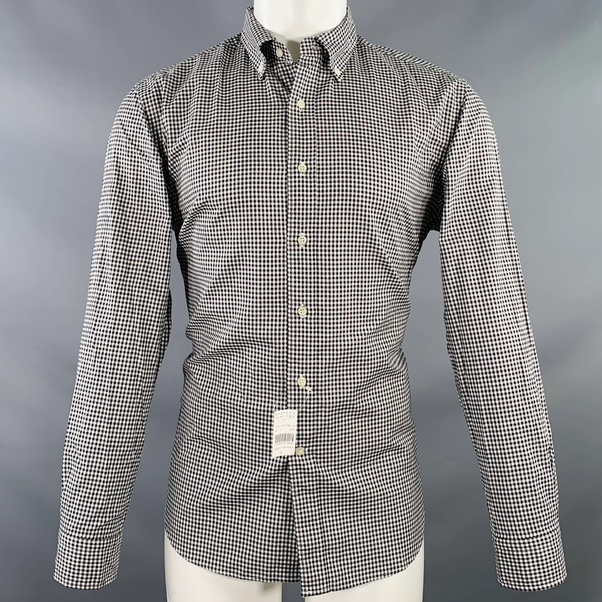 BARNEY'S NEW YORK Size M Black White Checkered Cotton Long Sleeve Shirt