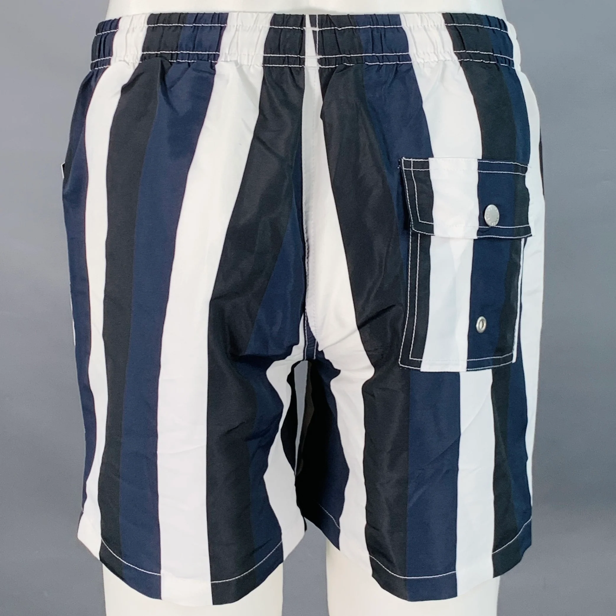 BATHER Size S Black Navy White Stripe Nylon Blend Drawstring Swim Trunks - Image 2
