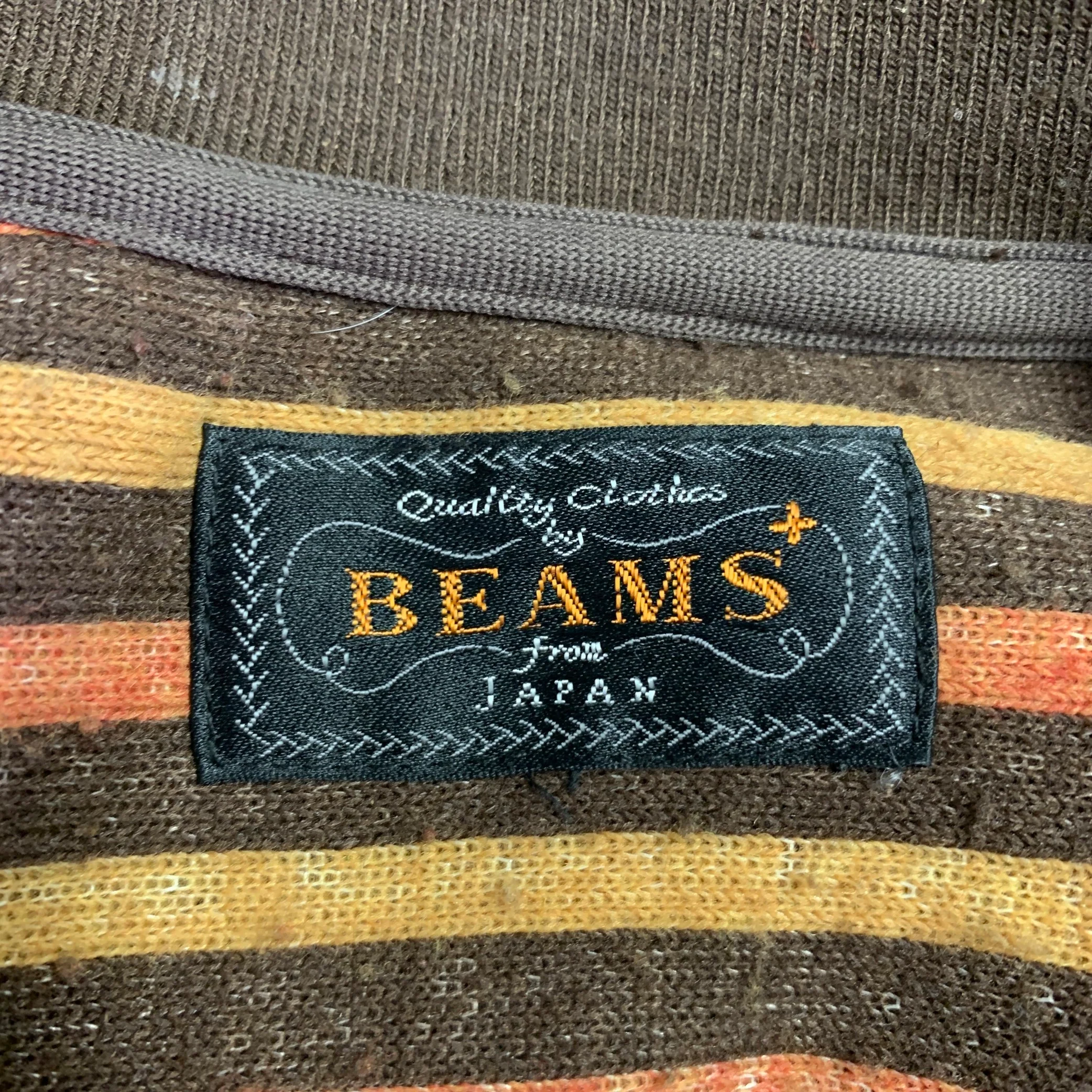BEAMS PLUS Size M Brown Orange Yellow Stripe Faux Shearling Crew Neck Sweater - Image 5