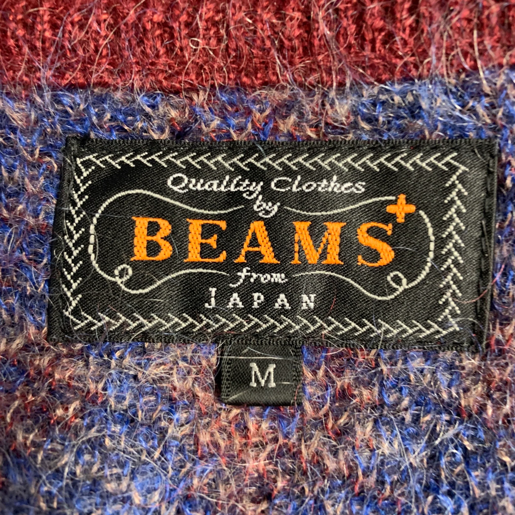 BEAMS Size M Burgundy Blue Abstract Floral Nylon Blend Knit V-Neck Cardigan - Image 4