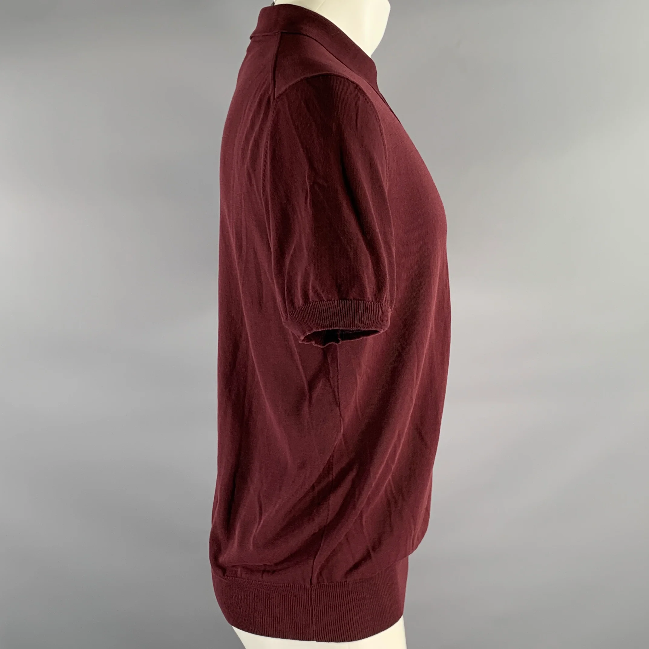 BEAMS Size M Burgundy Knit Cotton Pointed Collar Polo - Image 3