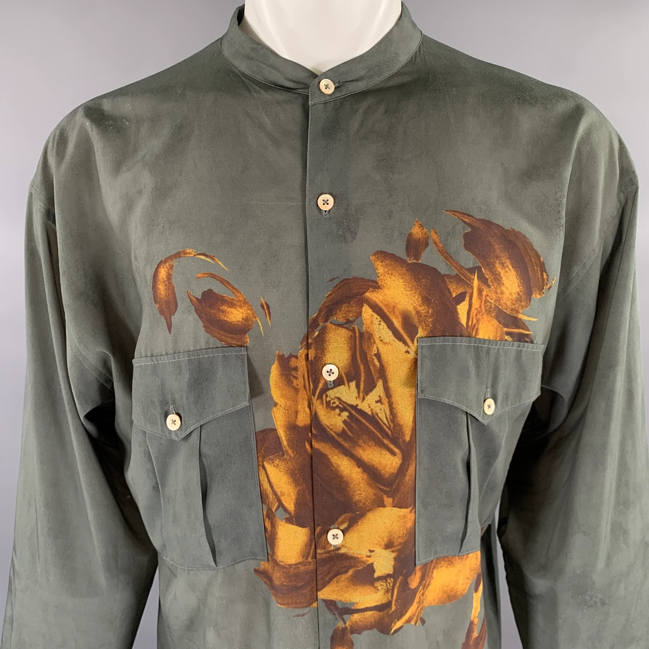 BED J.W. FORD Grey Brown Floral Cotton Blend Band Collar Long Sleeve Shirt - Image 2