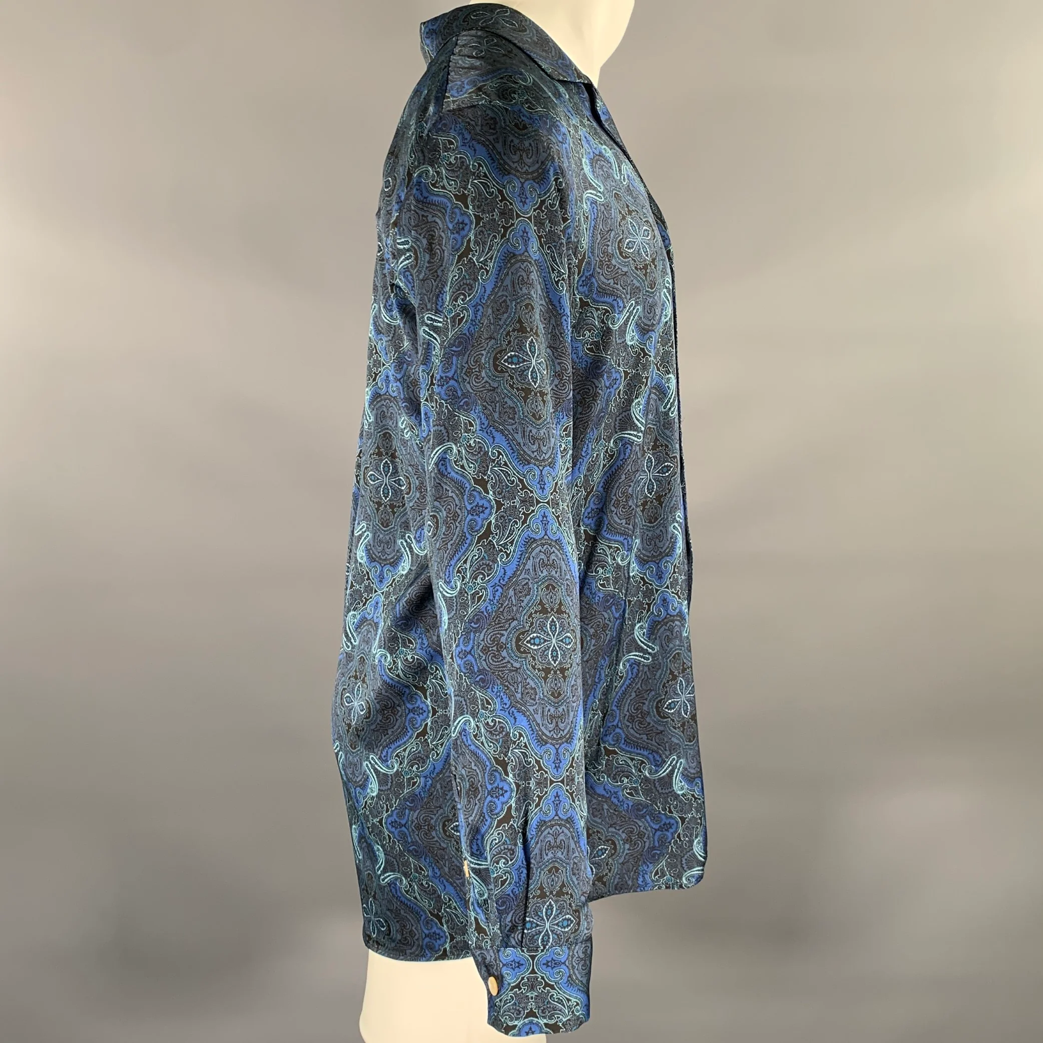 BED J.W. FORD Size M Blue Navy Paisley Polyester Camp Long Sleeve Shirt - Image 3