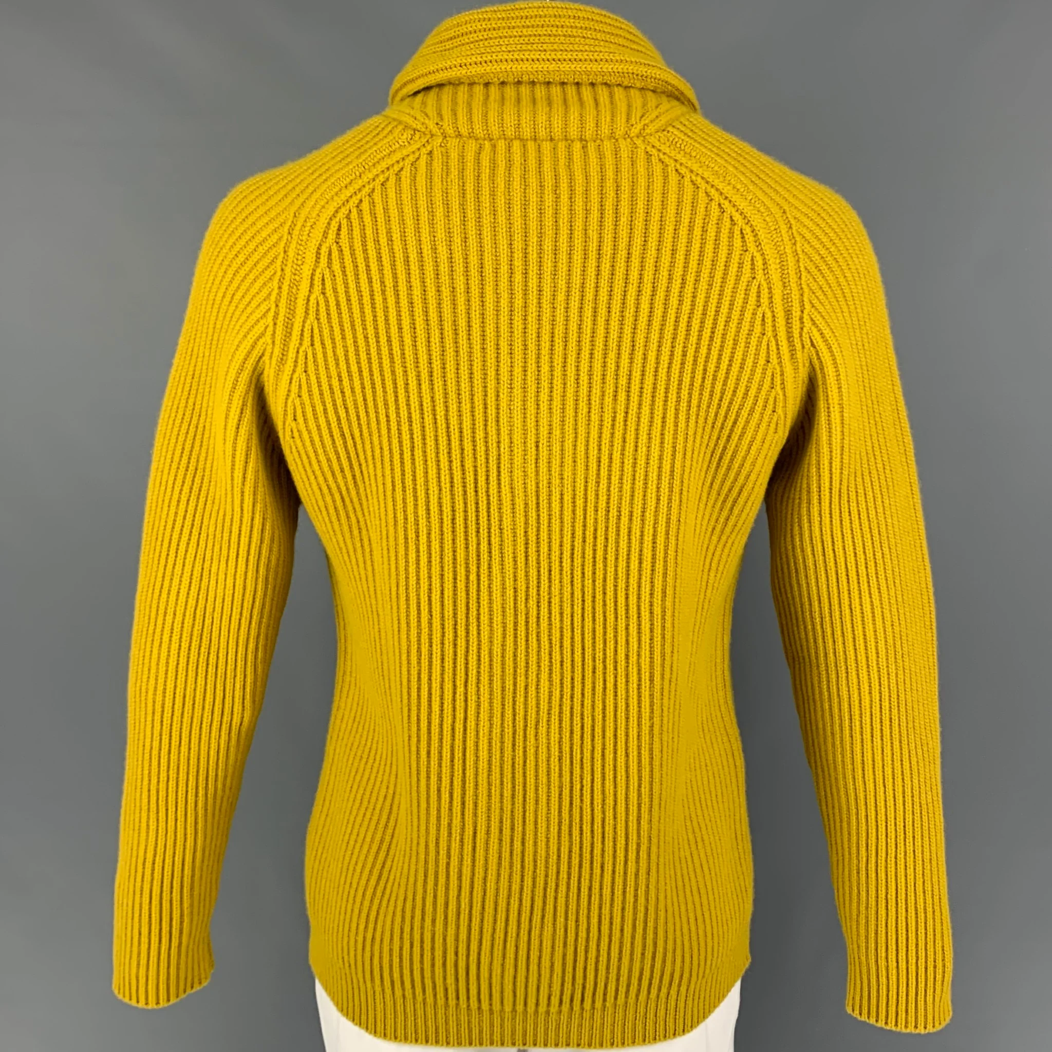 BEGG & CO Size M Yellow Ribbed Knit Cashmere Shawl Collar Cardigan - Image 3