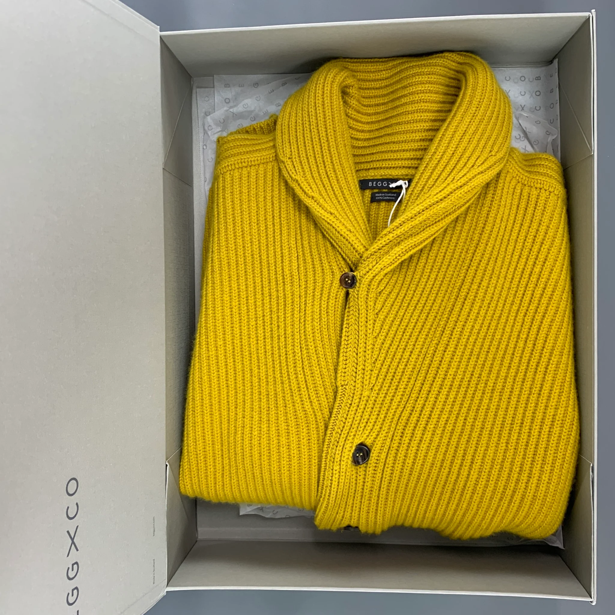 BEGG & CO Size M Yellow Ribbed Knit Cashmere Shawl Collar Cardigan - Image 7