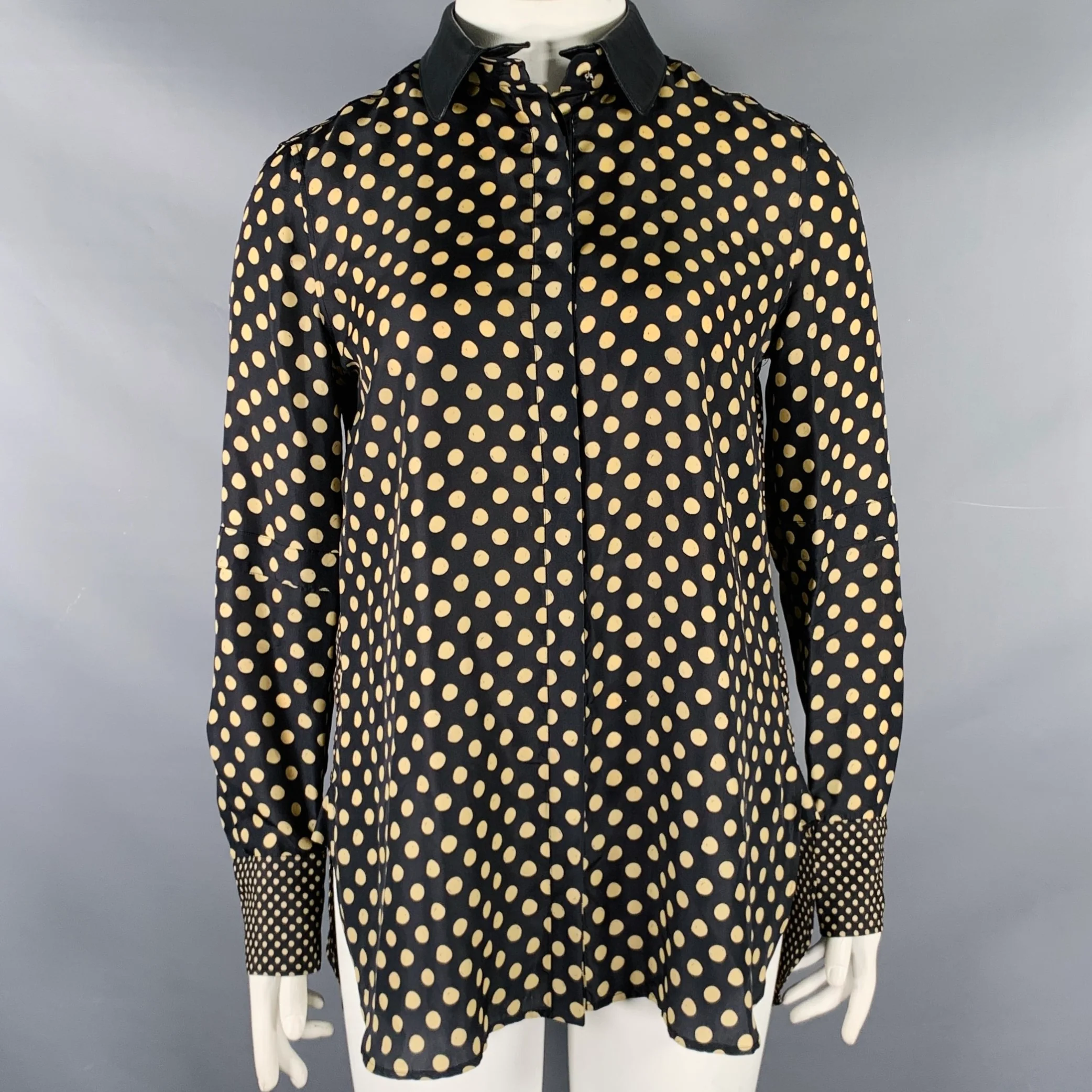 BELSTAFF Size L Black Khaki Polka Dot Leather Collar Button Up Shirt