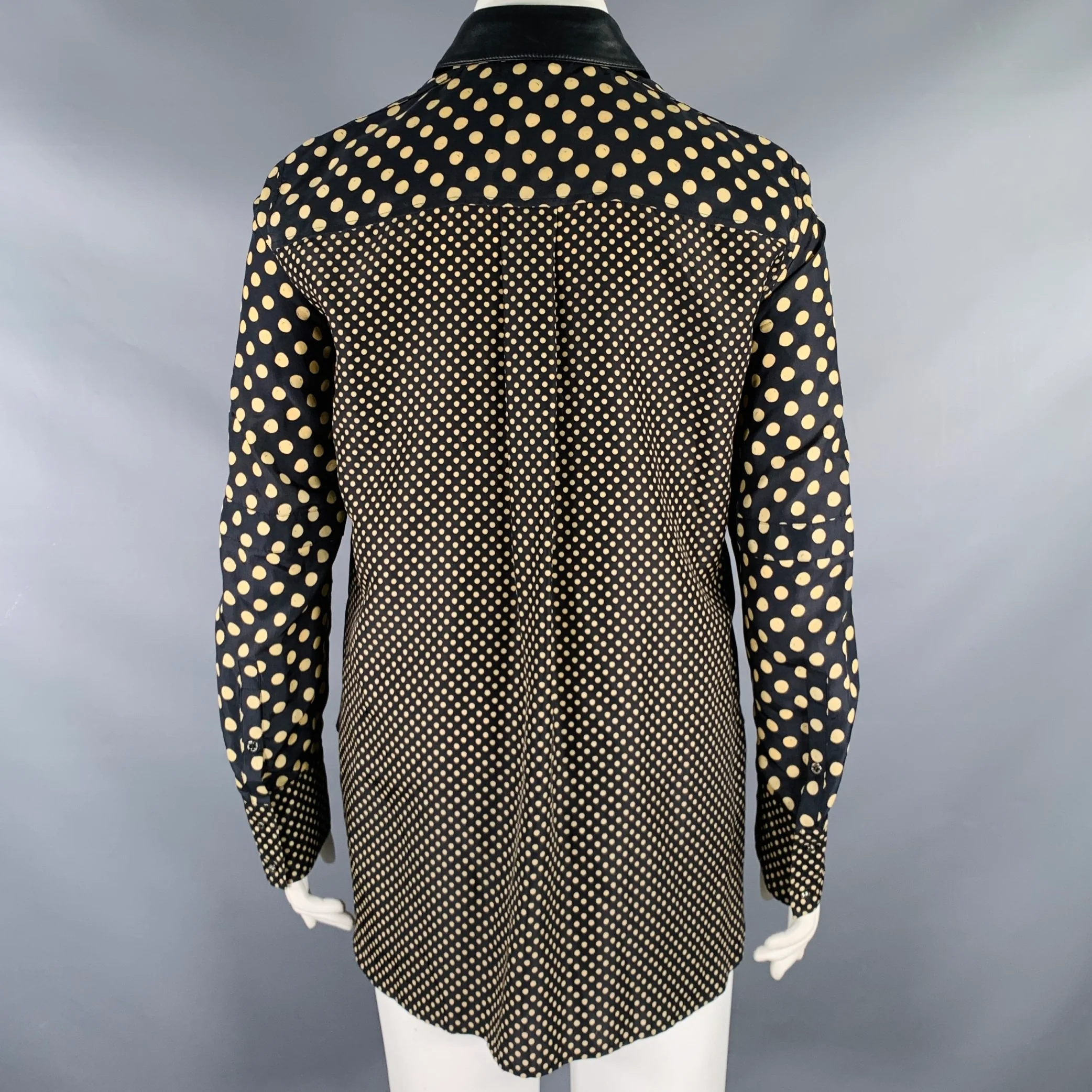 BELSTAFF Size L Black Khaki Polka Dot Leather Collar Button Up Shirt - Image 5