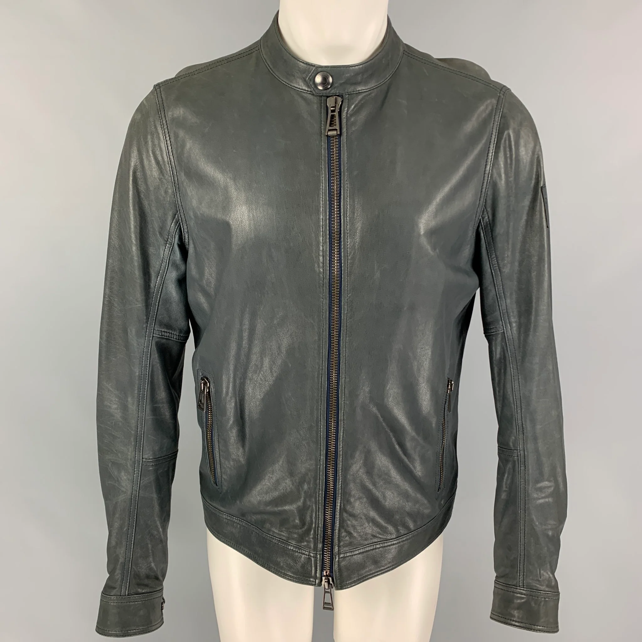 BELSTAFF Size M Gray Leather Zip Up Jacket
