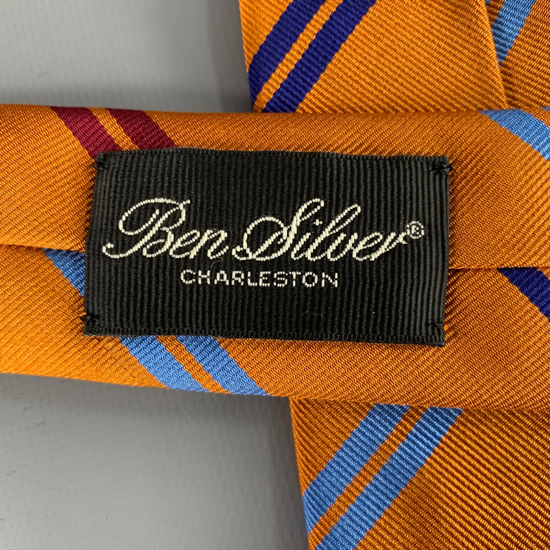 BEN SILVER Orange Blue Red Diagonal Stripe Twill Tie - Image 3