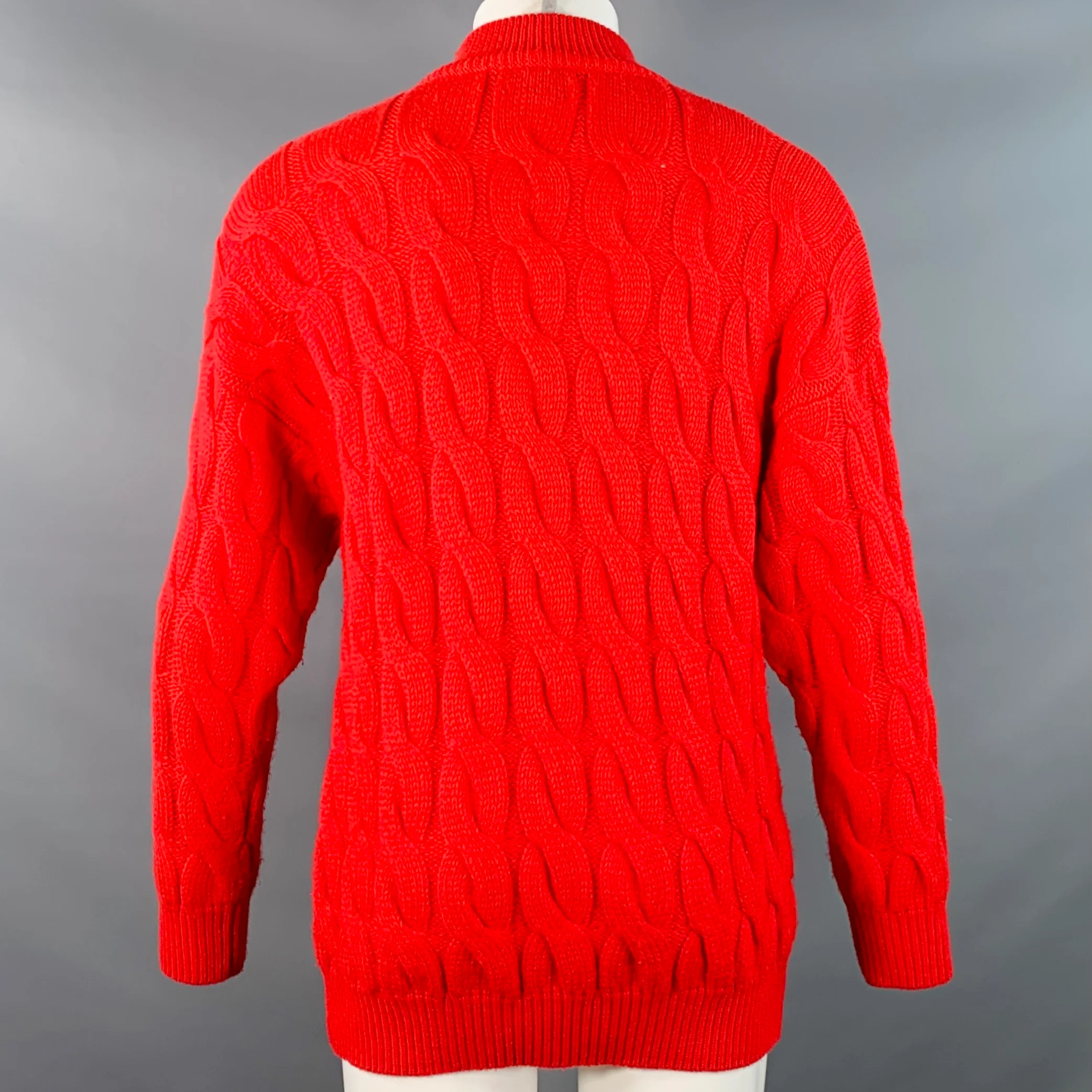 BENETTON Size M Red Cable Knit Wool Acrylic Crew Neck Sweater - Image 4