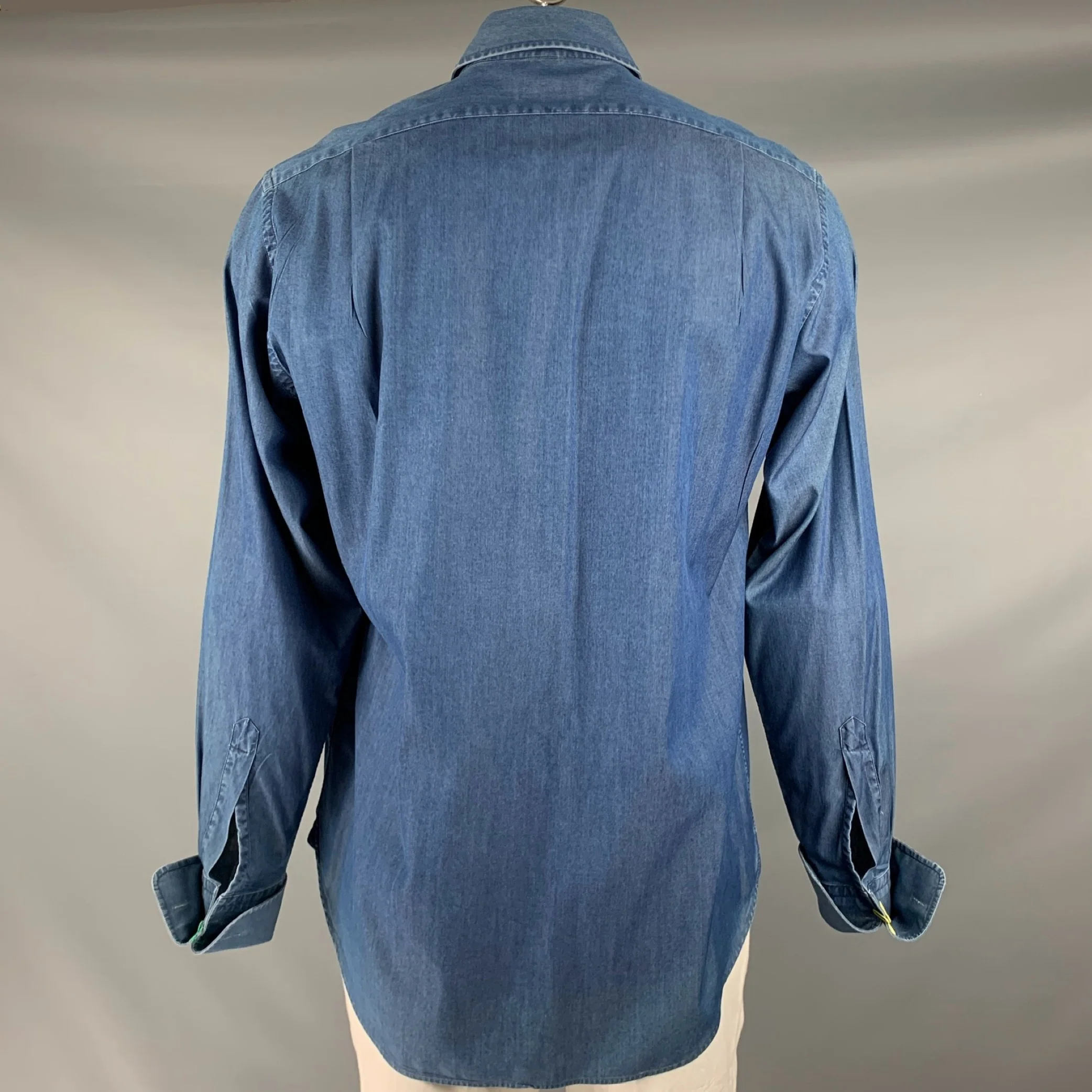 BERGDORF GOODMAN Size L Indigo Cotton Tuxedo Long Sleeve Shirt - Image 4