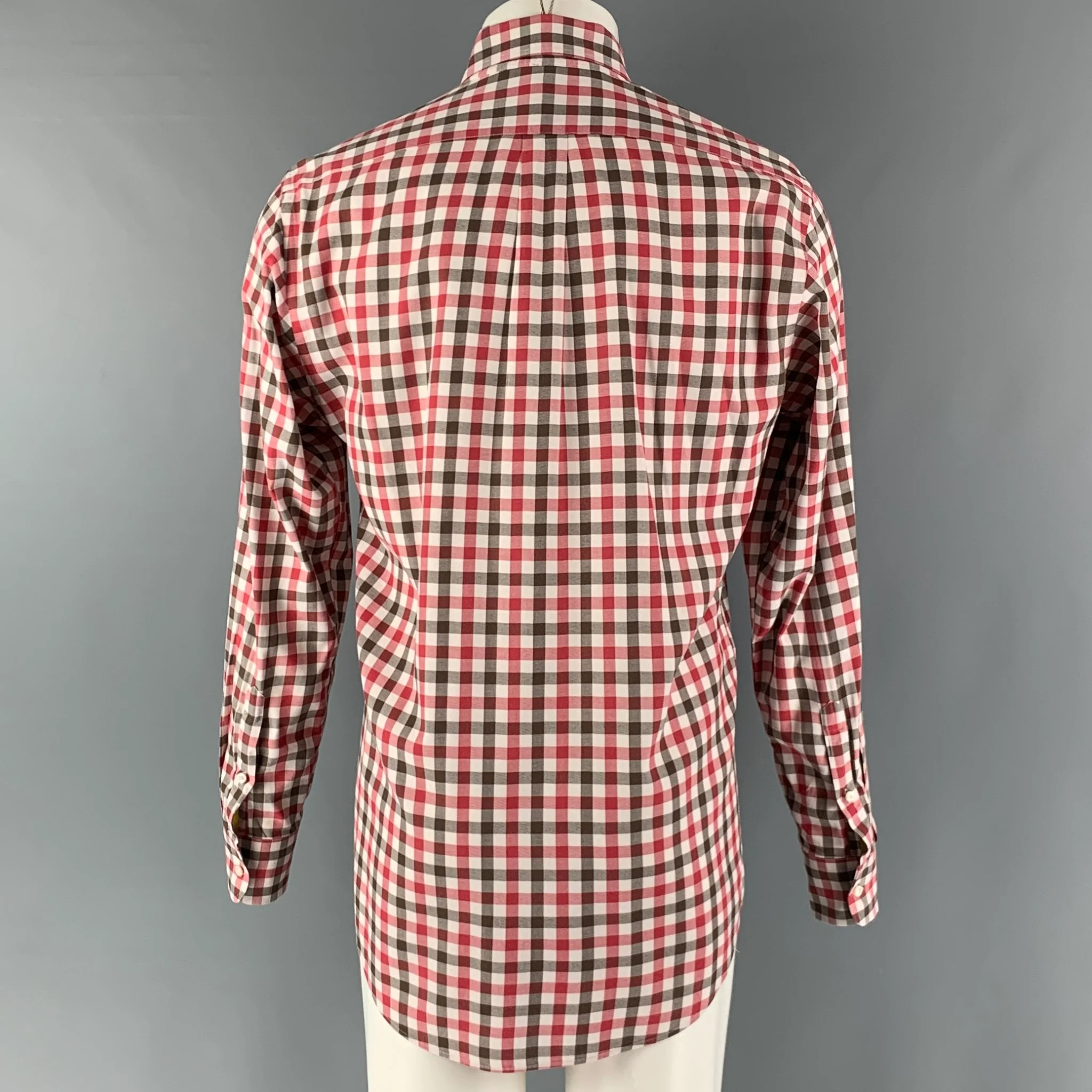 BERGDORF GOODMAN Size M Red White Brown Checkered Cotton Long Sleeve Shirt - Image 3