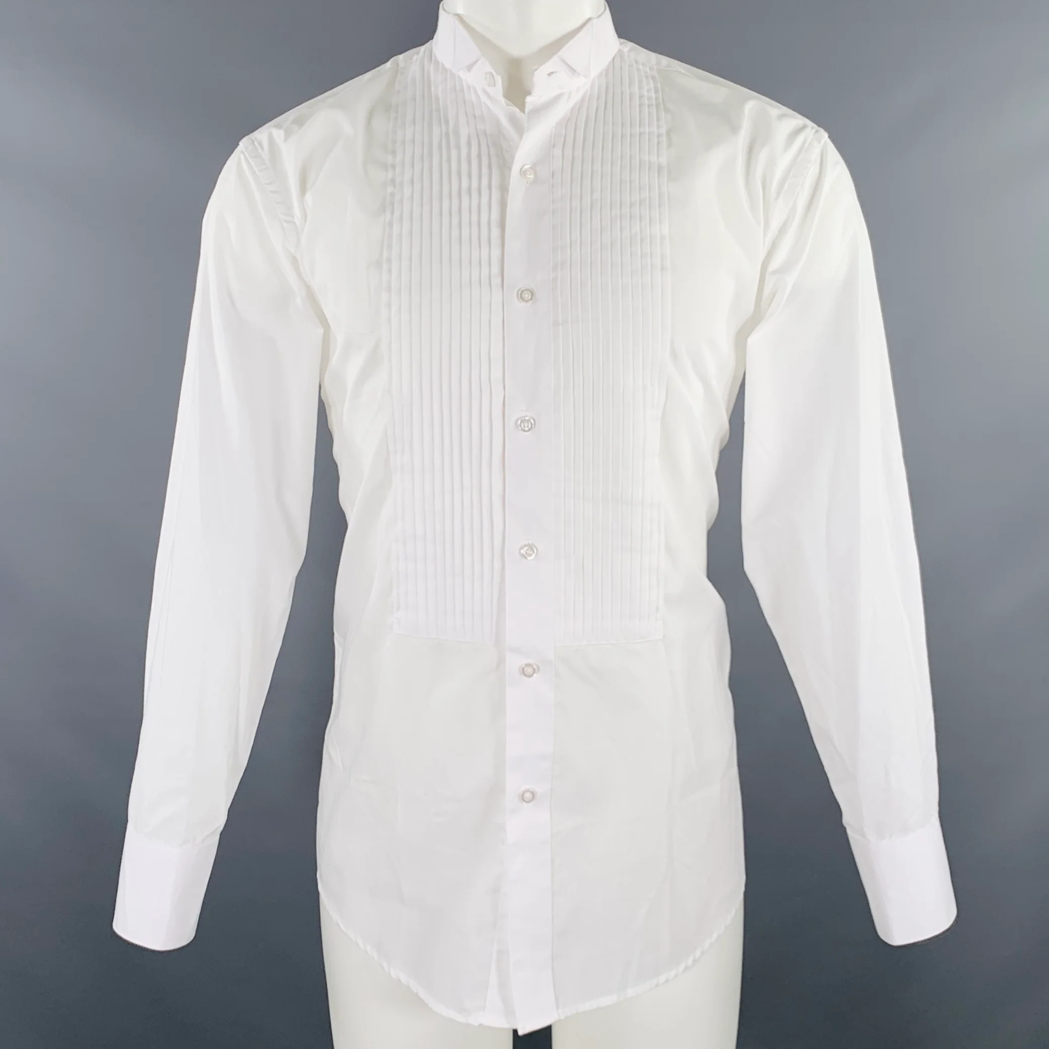 BERLIONI Size M White Pleated Cotton Blend Tuxedo Long Sleeve Shirt