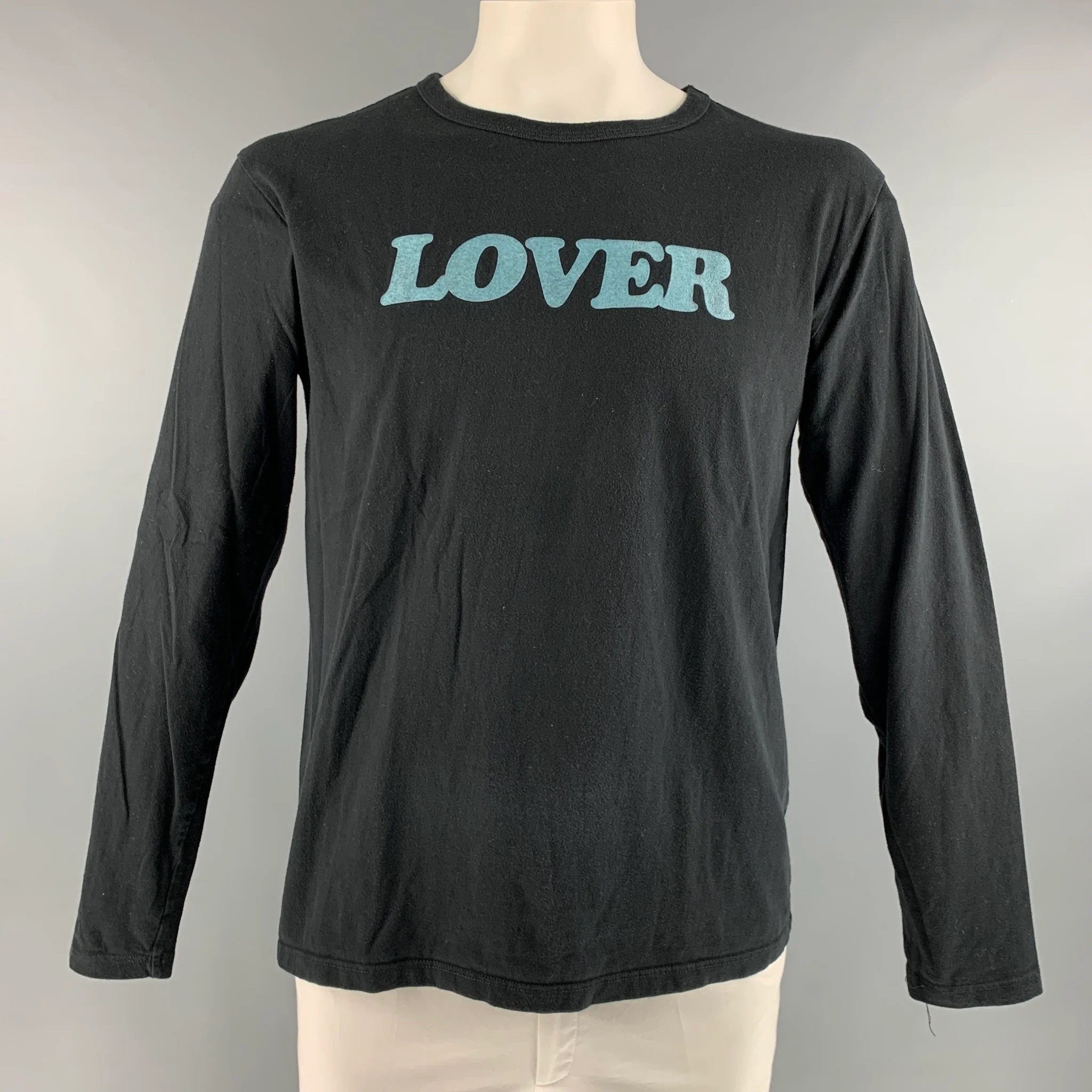 BIANCA CHANDON Size L Black Blue Cotton Long Sleeve T-shirt