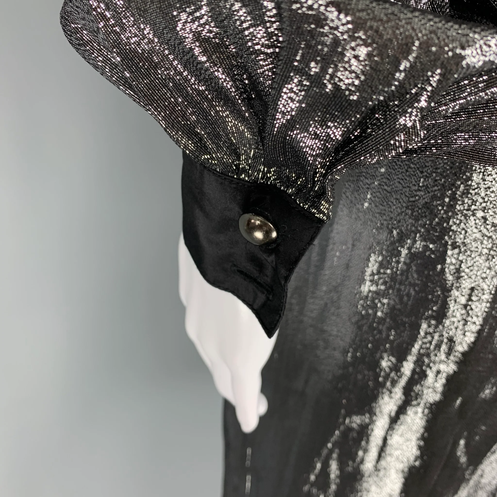 BILL BLASS Size 2 Silver Black Silk Metallic Double Breasted Coat - Image 5