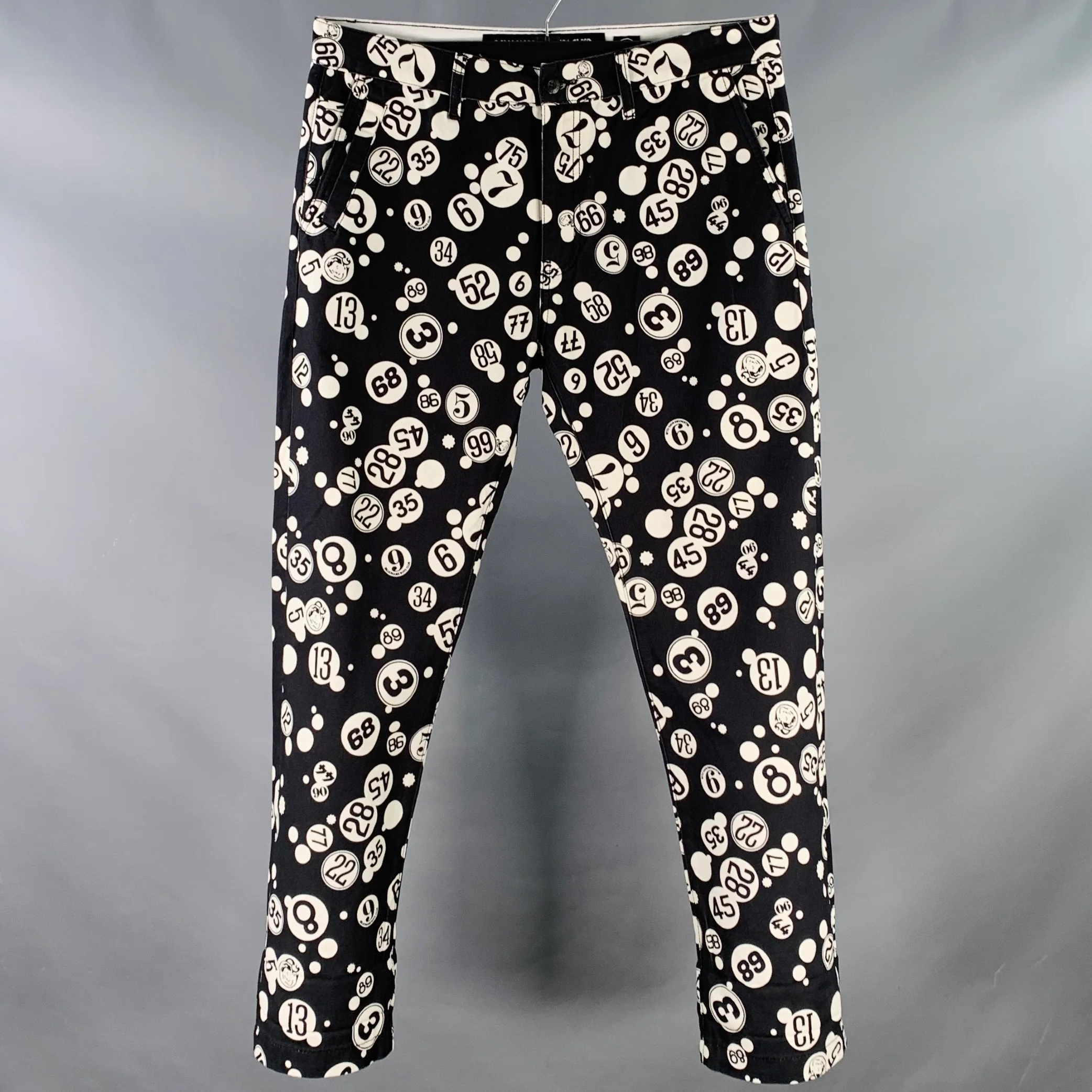BILLIONAIRE BOYS CLUB Size 34 Black White Circles Numbers Cotton Moleskin Flat Front Casual Pants