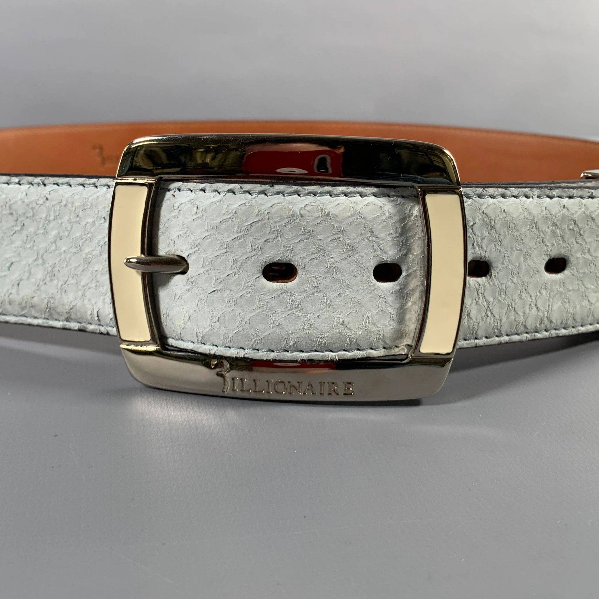 BILLIONAIRE COUTURE Size 40 Off White Textured Phython Skin Leather Belt - Image 2