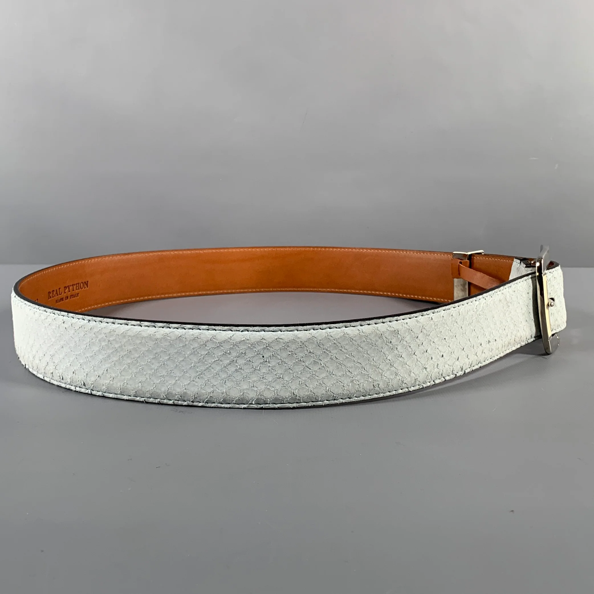BILLIONAIRE COUTURE Size 40 Off White Textured Phython Skin Leather Belt - Image 3