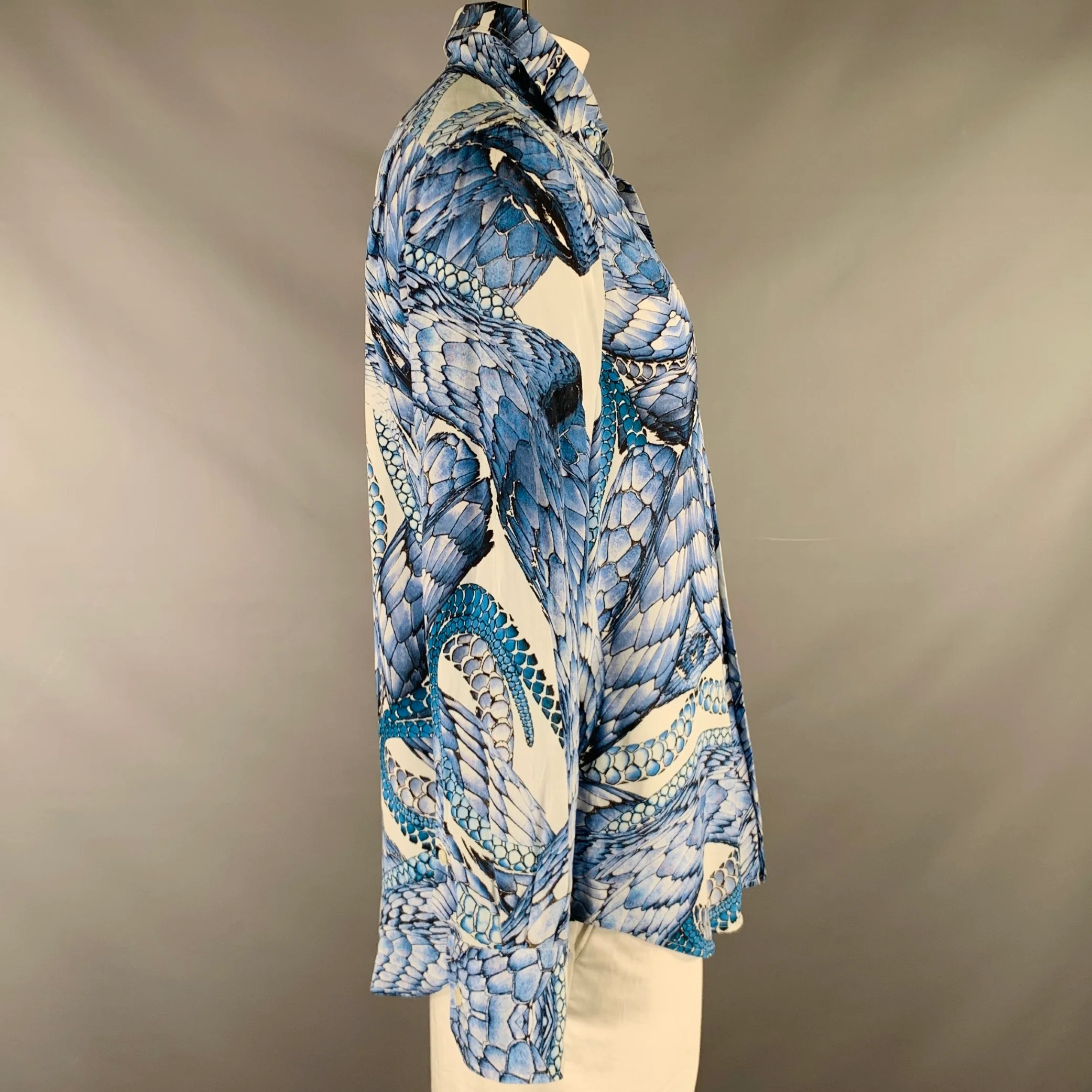 BILLIONAIRE COUTURE Size L White Blue Animal Print Silk Long Sleeve Shirt - Image 3